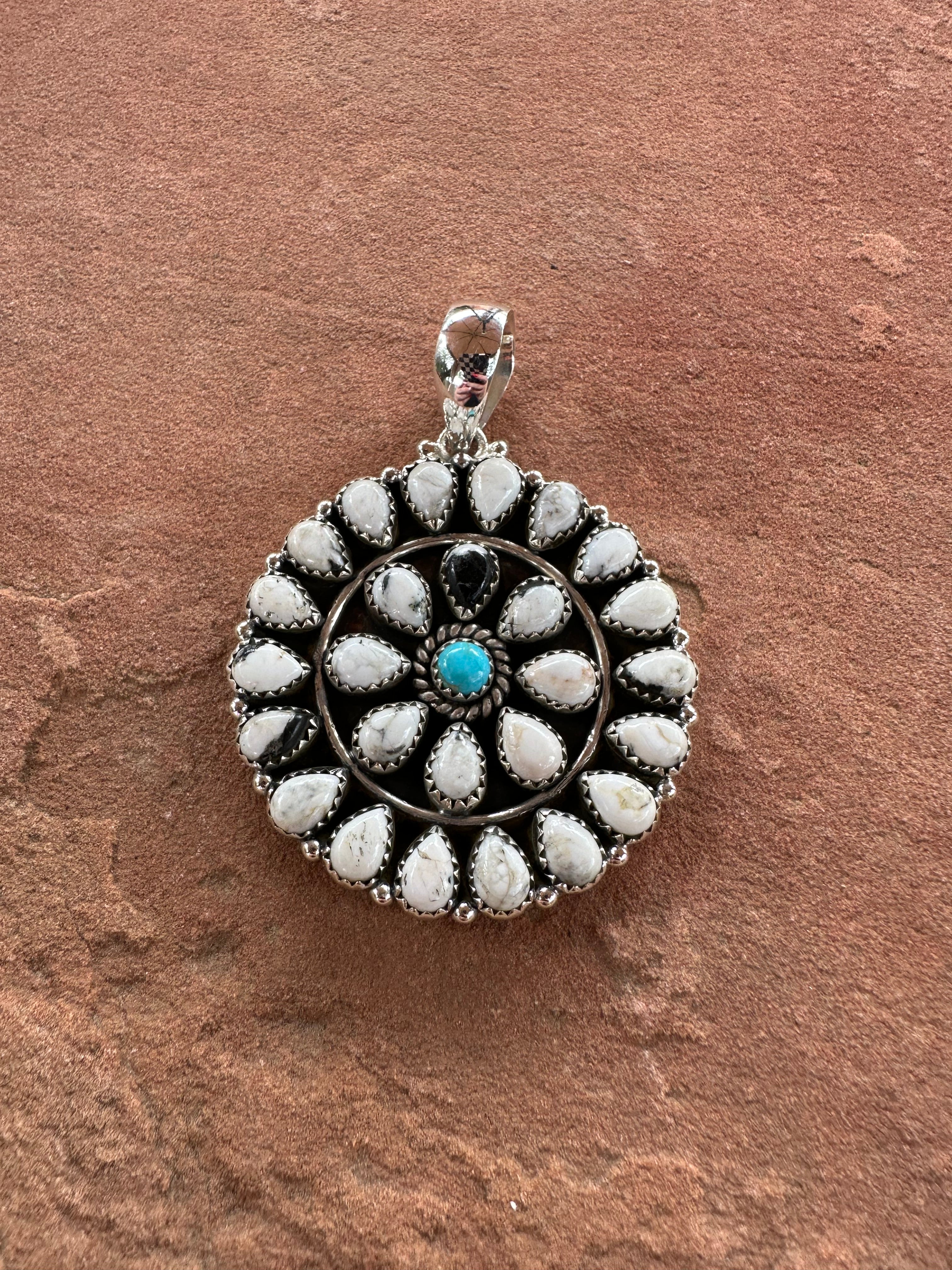 Beautiful Handmade Sterling Silver, White Buffalo & Turquoise Cluster Pendant