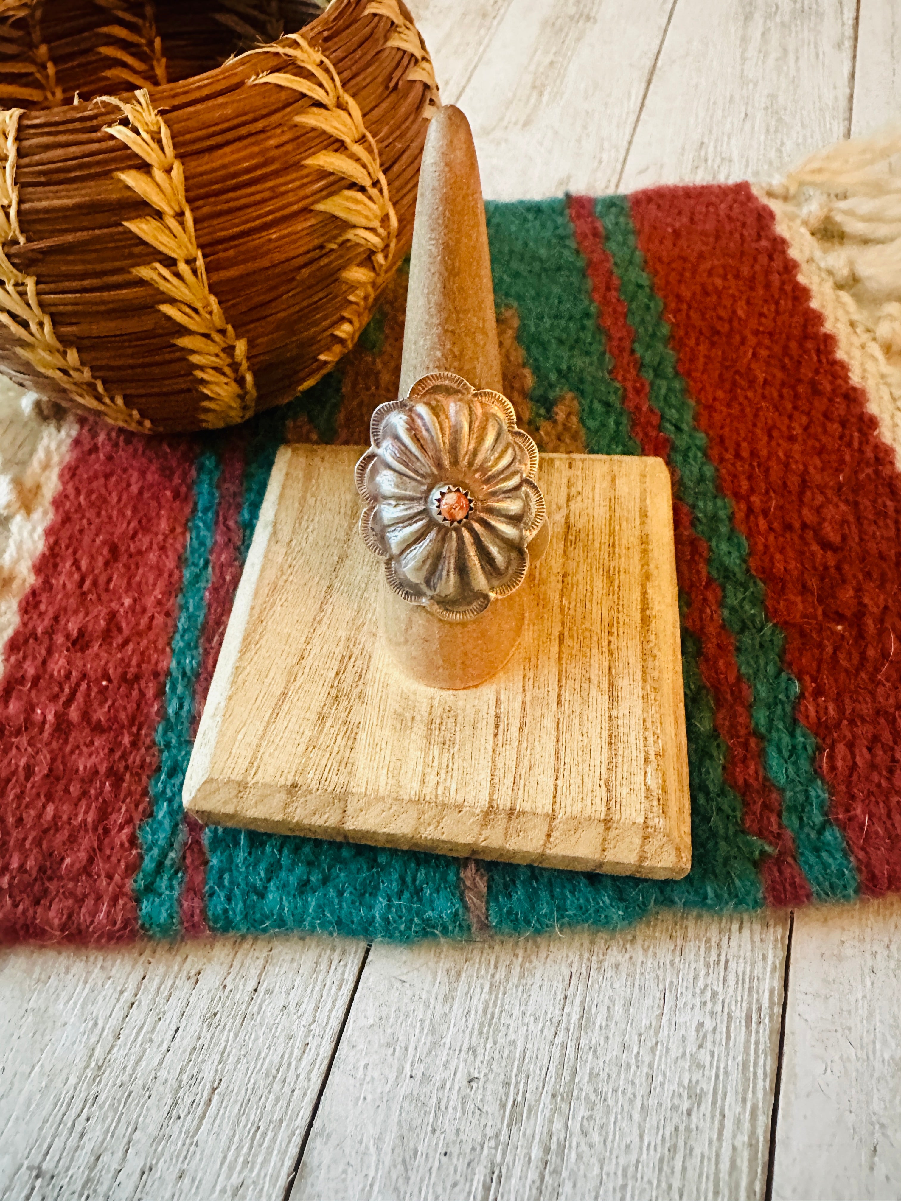 Navajo Sterling Silver & Orange Spiny Concho Ring