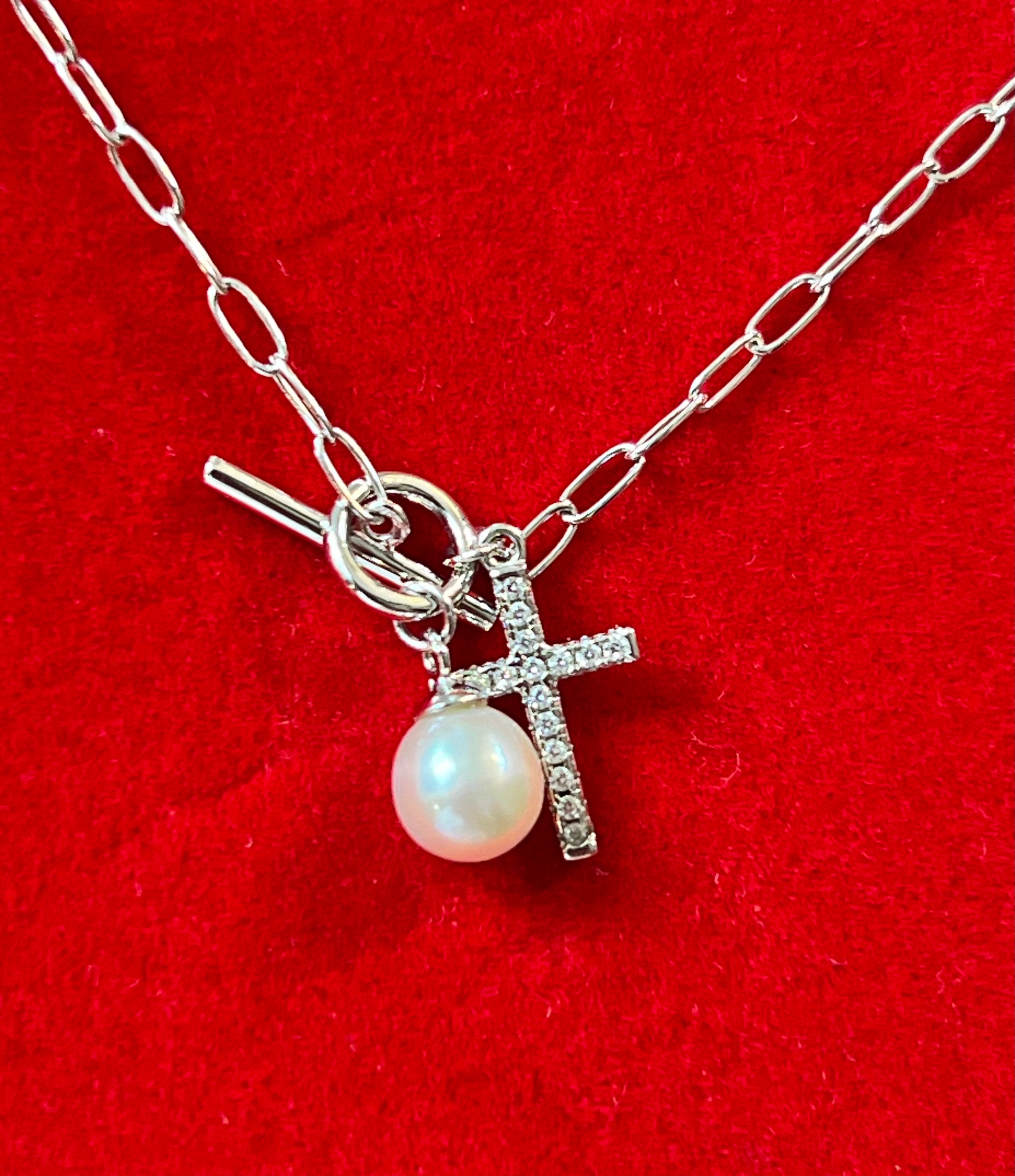 Sterling Silver Cross with White Pearl Necklace 18”