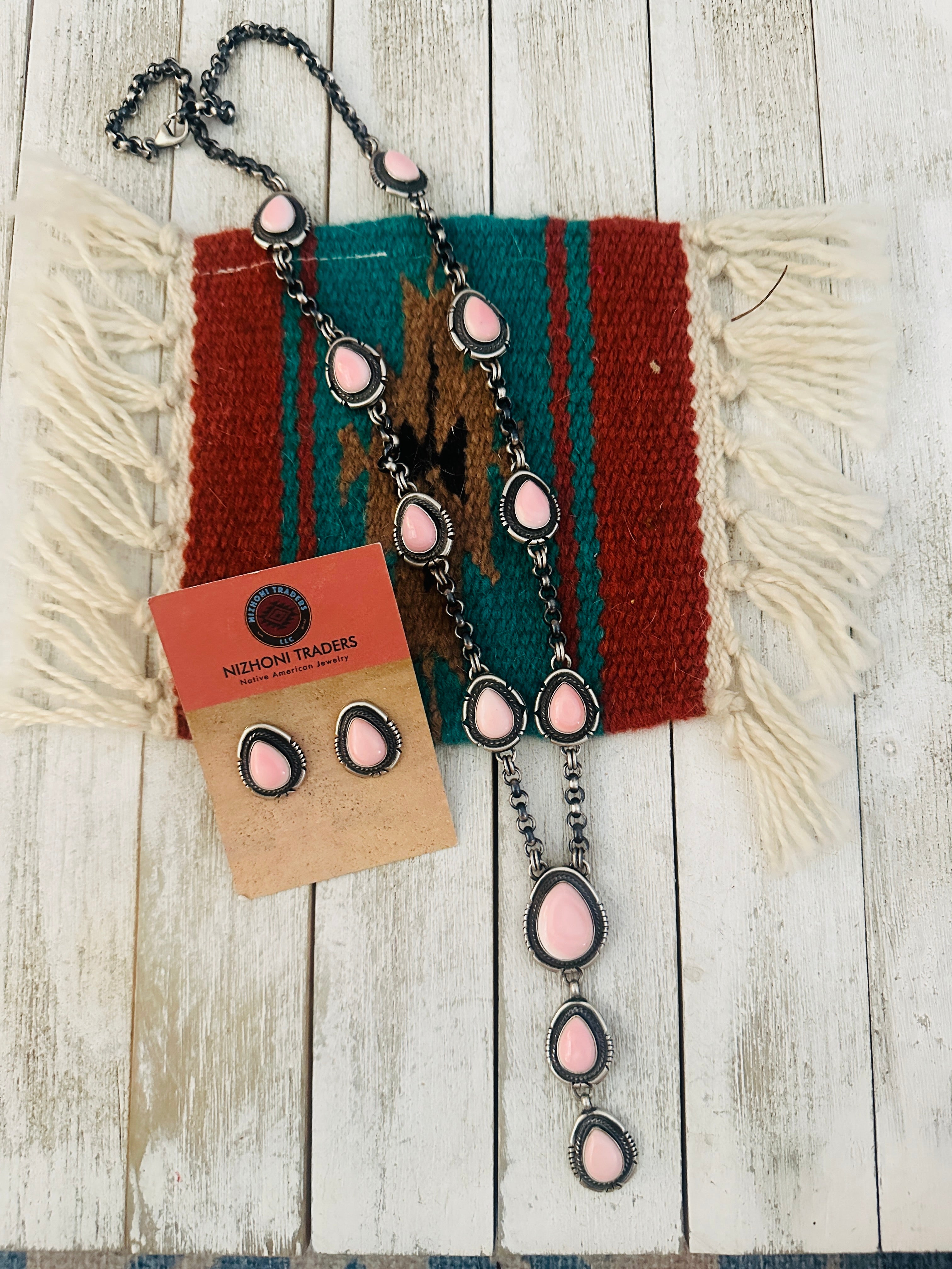 Navajo Queen Pink Conch & Sterling Silver Necklace Set