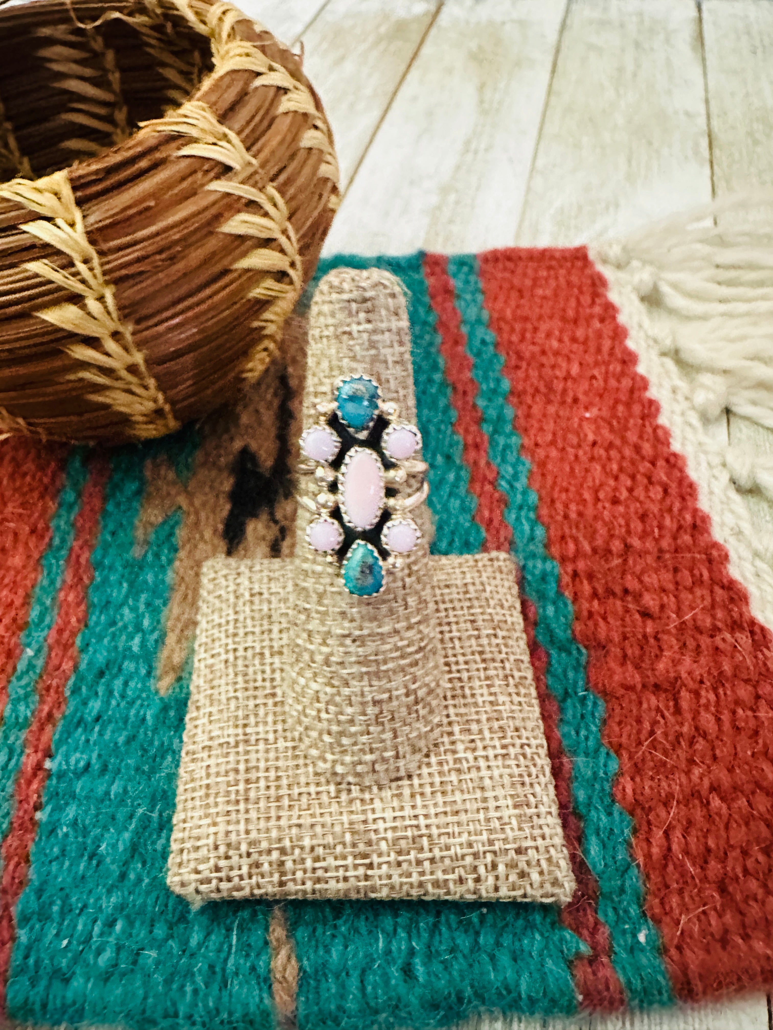 Handcrafted Turquoise, Queen Pink Conch & Sterling Silver Ring