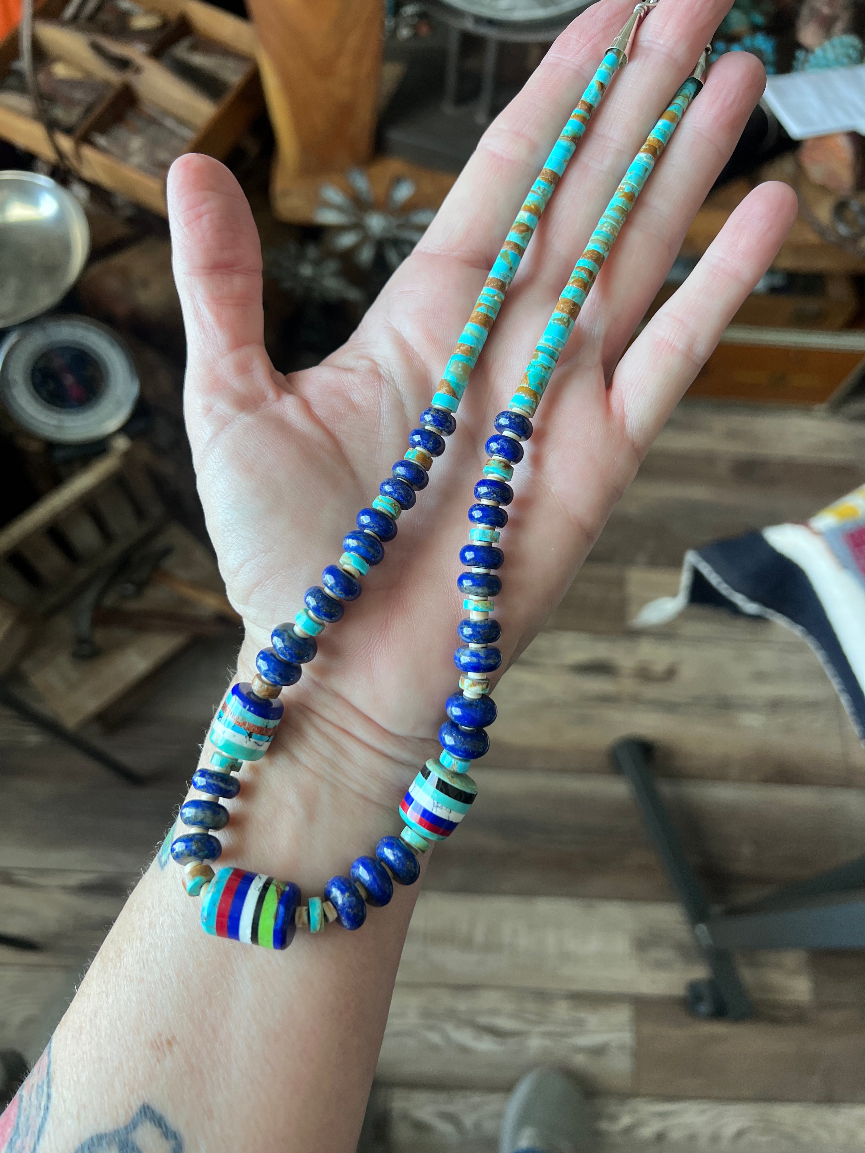 Ronald Chavez Handcrafted  Multistone Beaded Santo Domingo Necklace with Lapis Rondelles