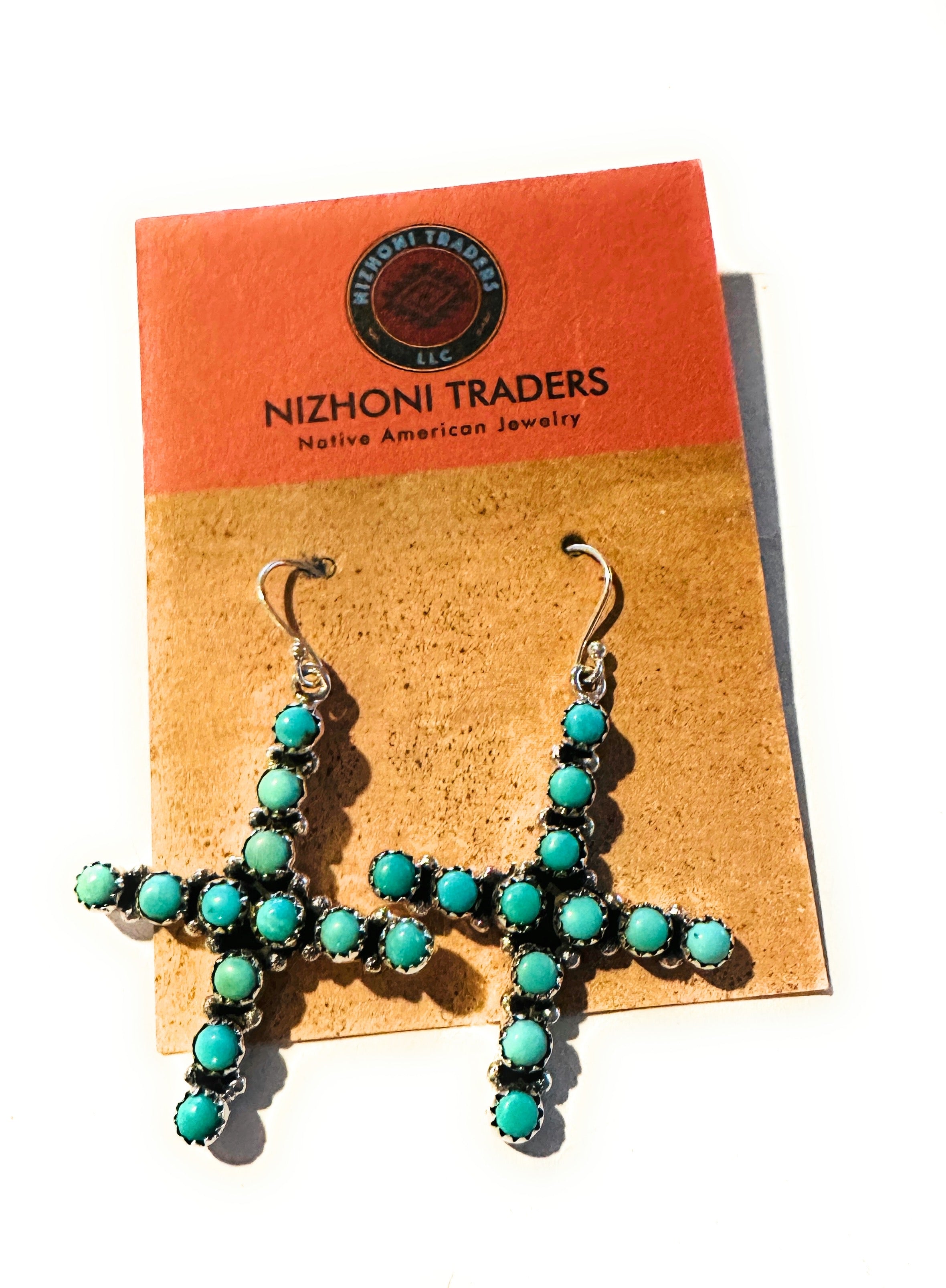 Handmade Turquoise & Sterling Silver Cross Wire Dangle Earrings Signed Nizhoni