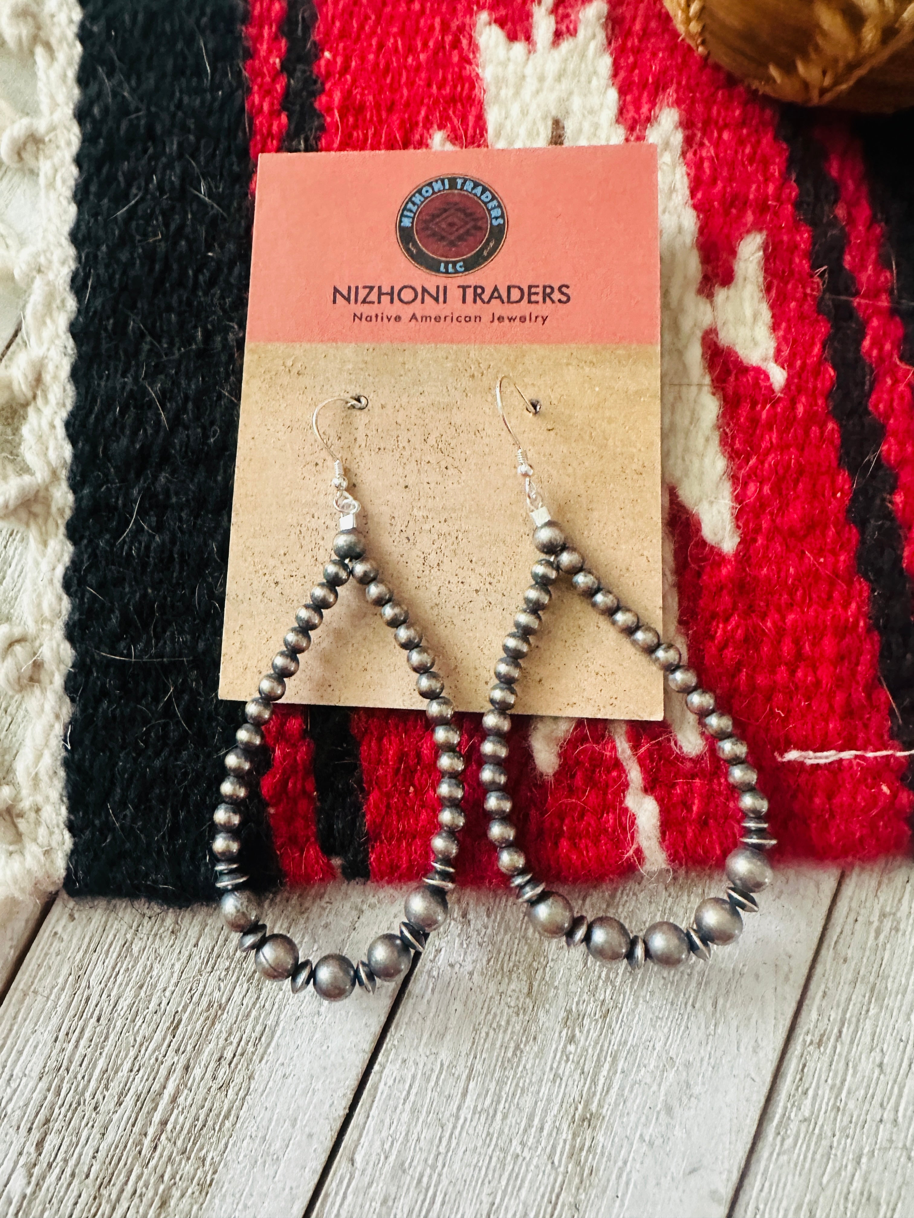 Navajo Sterling Silver Pearl Beaded Dangle Hoop Earrings