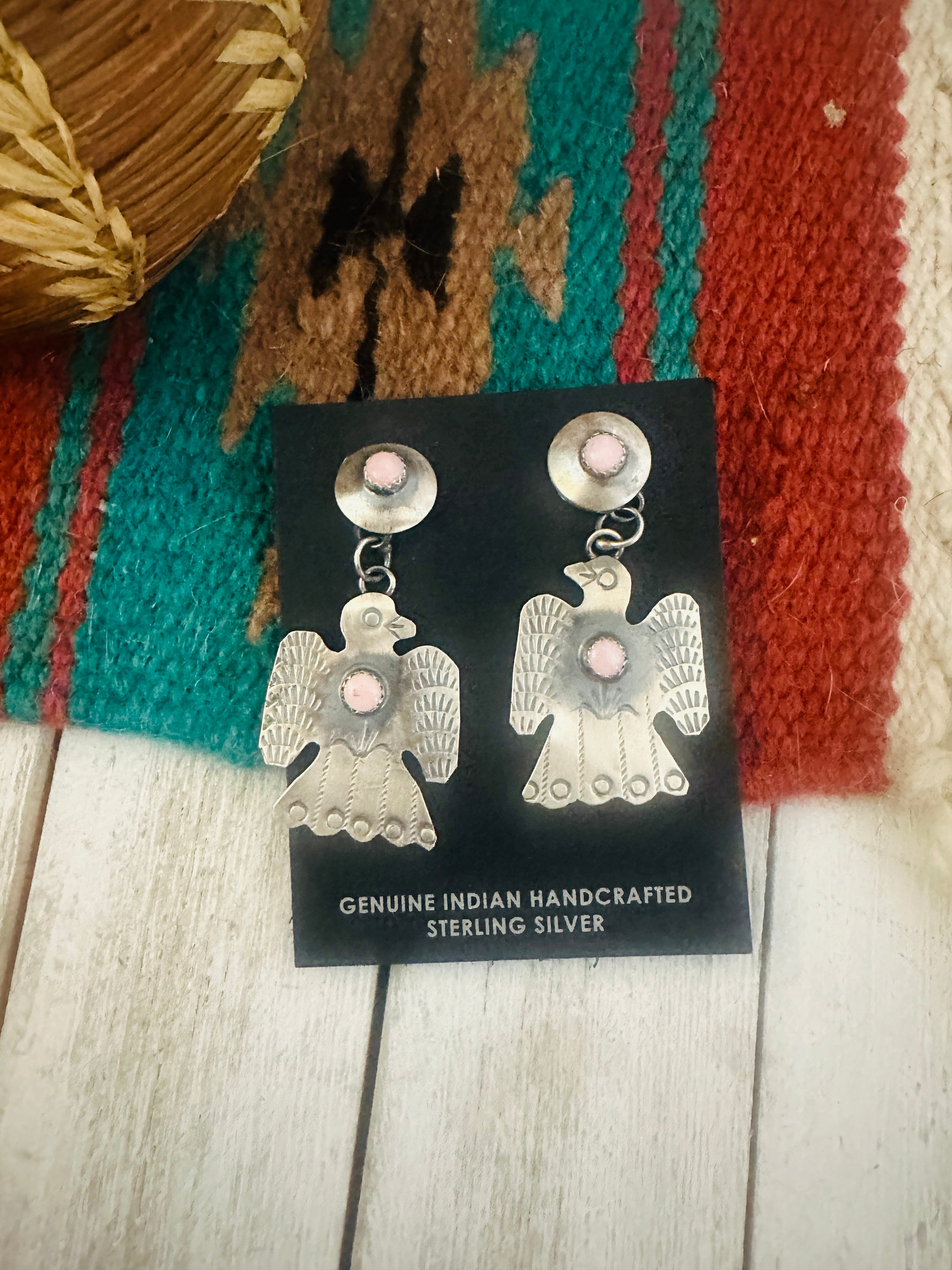 Navajo Queen Pink Conch Shell & Sterling Silver Thunderbird Dangle Earrings