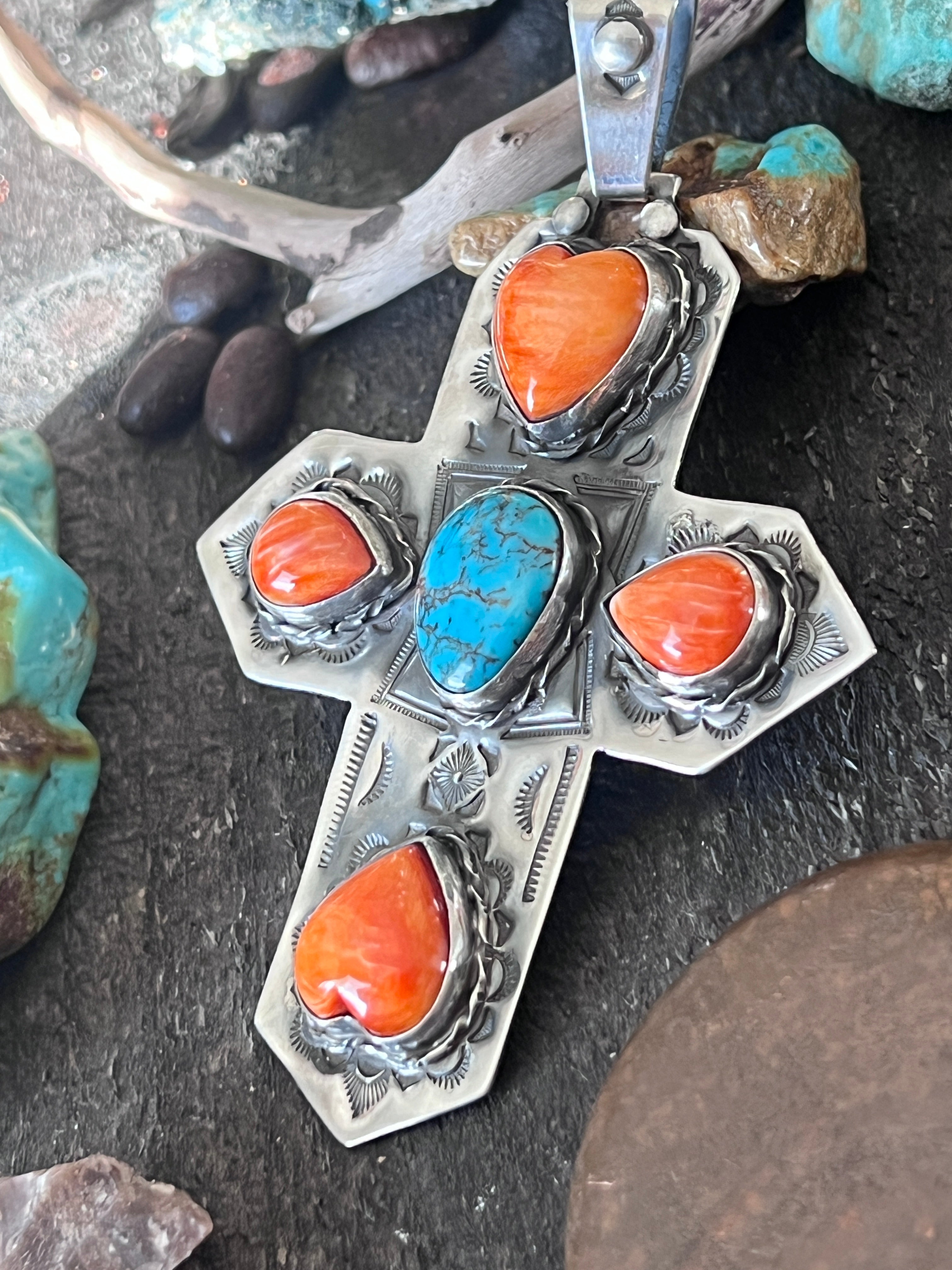 Hand Stamped Sterling Silver, Kingman Turquoise & Spiny Oyster Cross Pendant by Kimari Somers