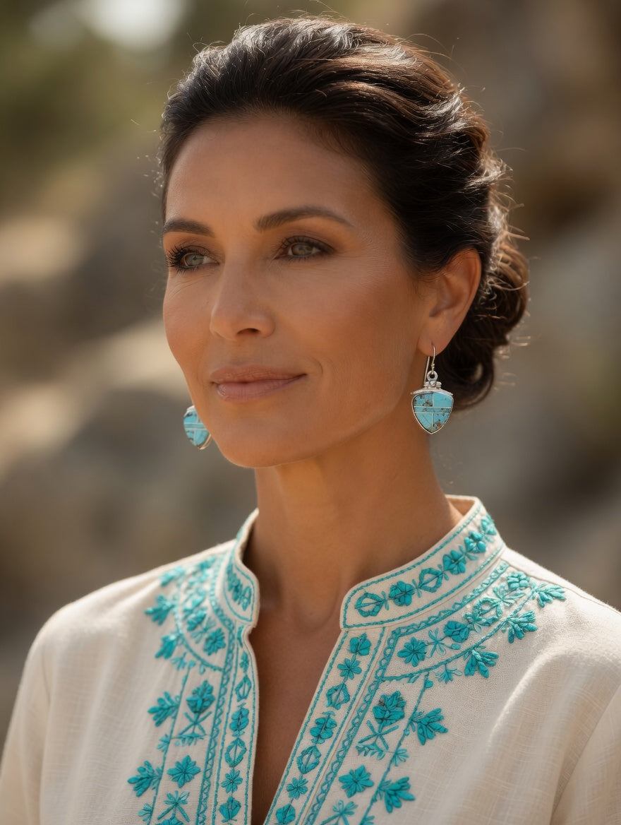 Handcrafted Turquoise #8 & Sterling Silver Inlay Dangle Earrings