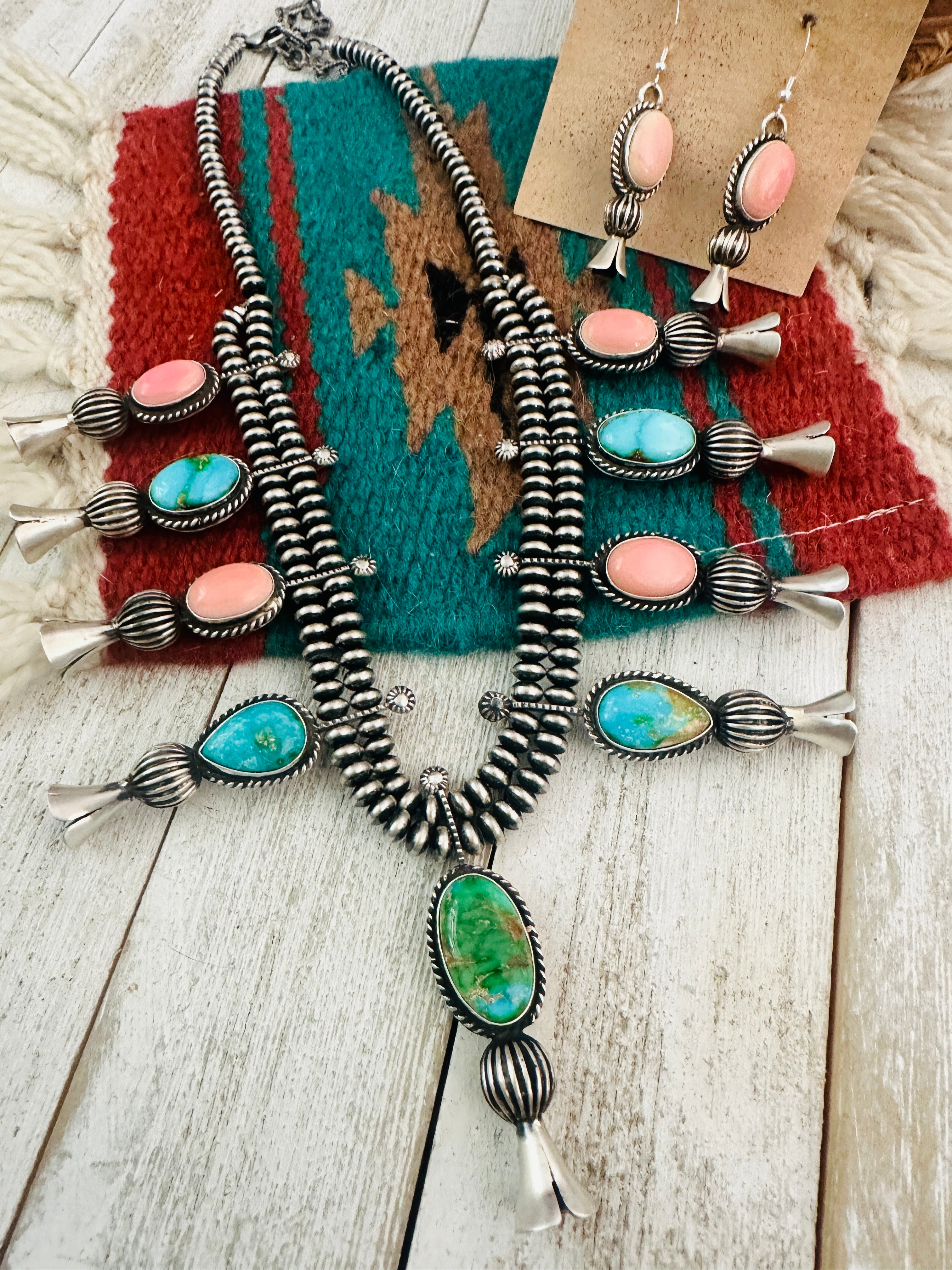 Navajo Turquoise, Pink Conch & Sterling Silver Necklace Set by Russell Sam