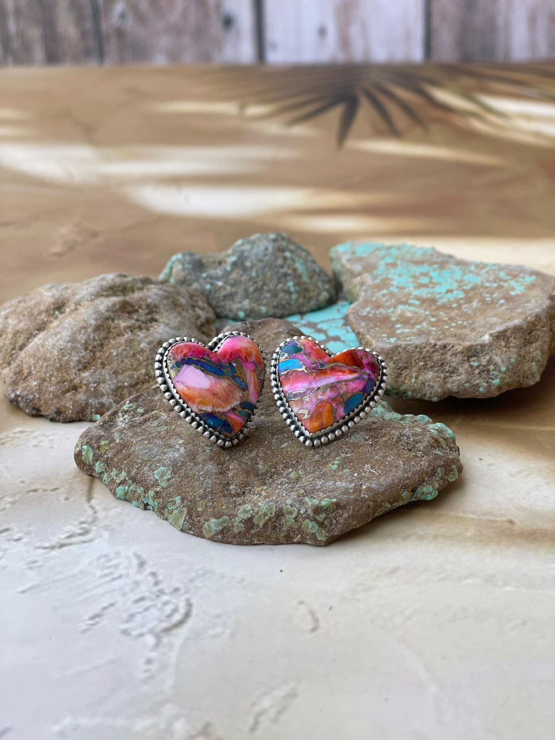 Handmade Pink Dream Mojave and Sterling Silver Heart Earrings Signed Nizhoni