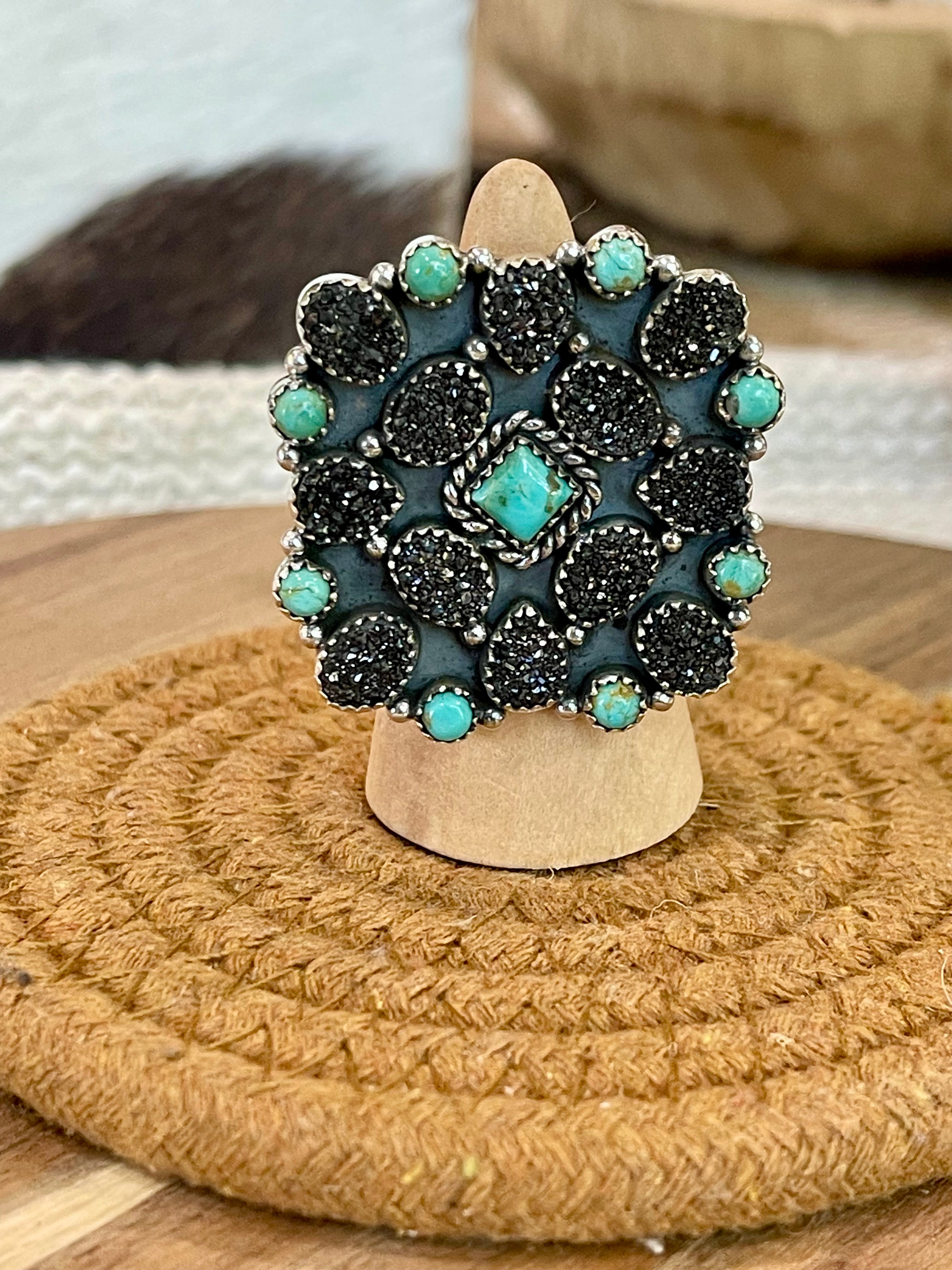 Handcrafted Sterling Silver, Kingman Turquoise & Druzy Adjustable Cluster Ring