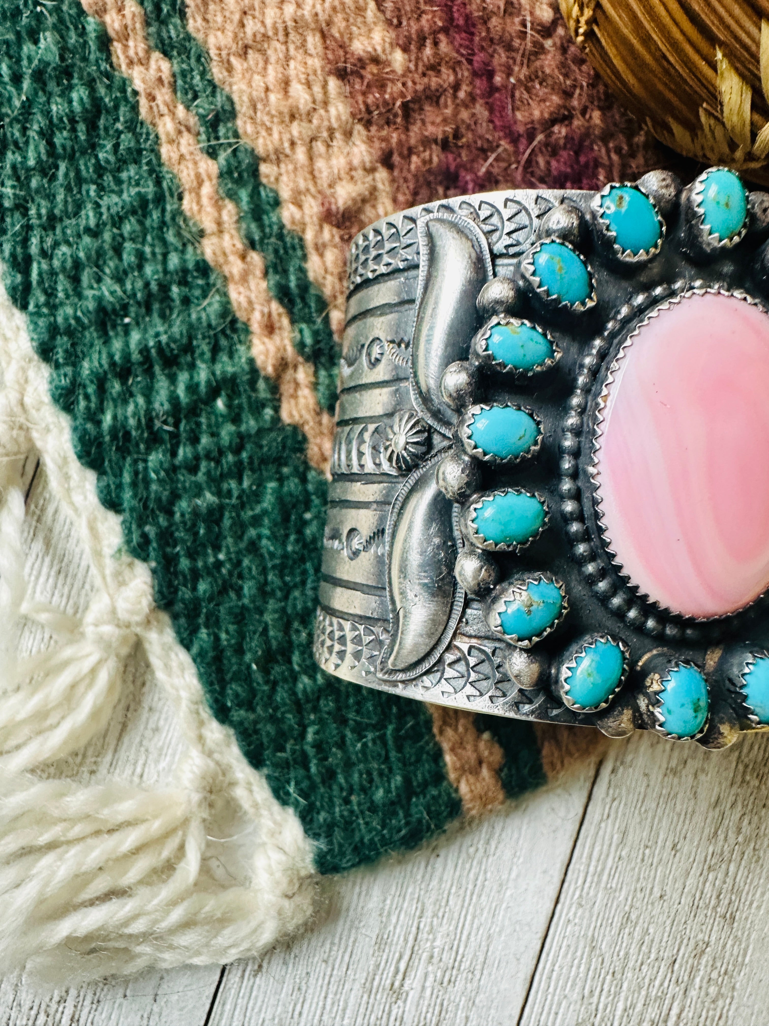 Navajo Sterling Silver, Turquoise & Queen Pink Conch Cuff Bracelet