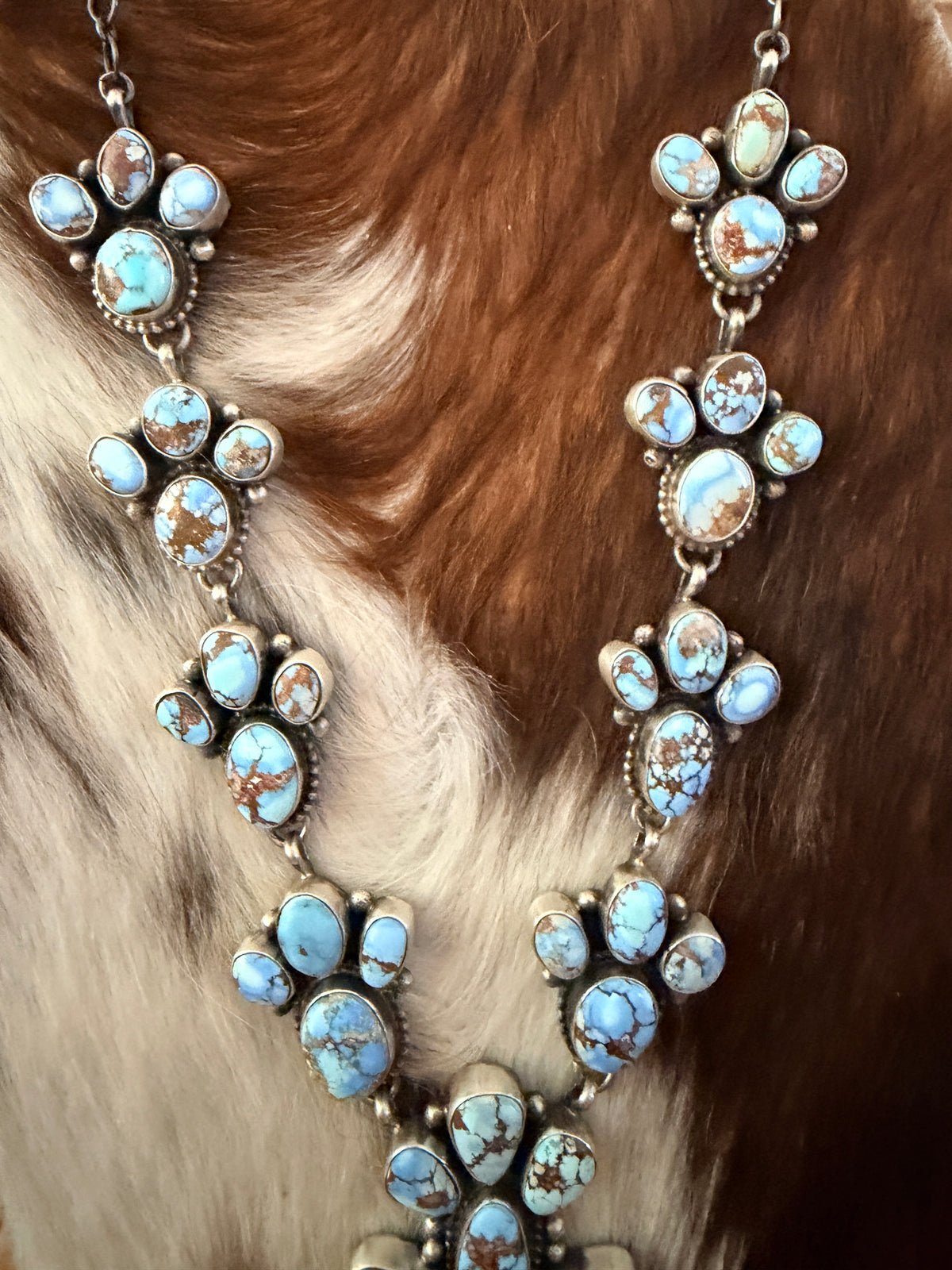 Handcrafted Golden Hills Turquoise & Sterling Silver Cluster Necklace and Earring Set by Travis Jim