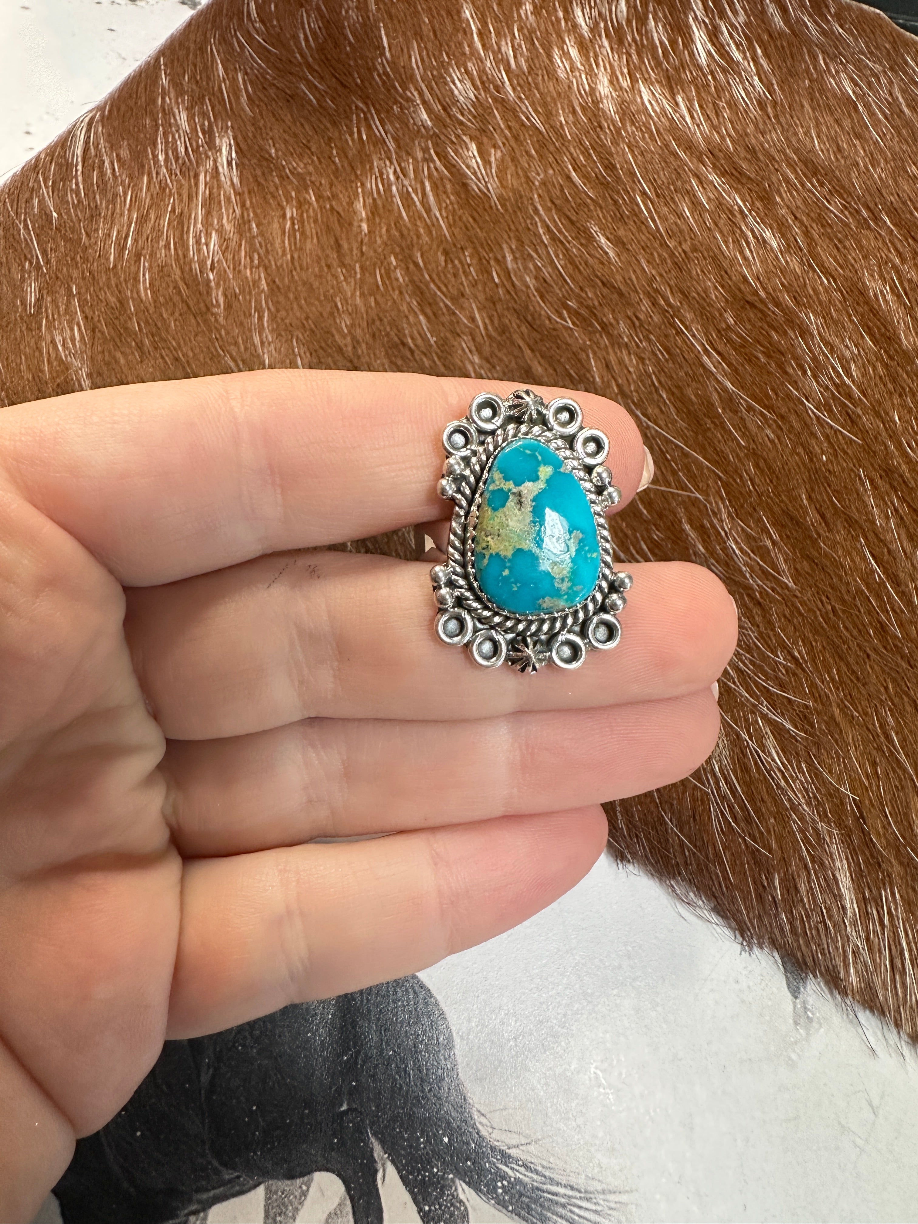 Beautiful Handmade Turquoise And Sterling Silver Adjustable Single Stone Ring