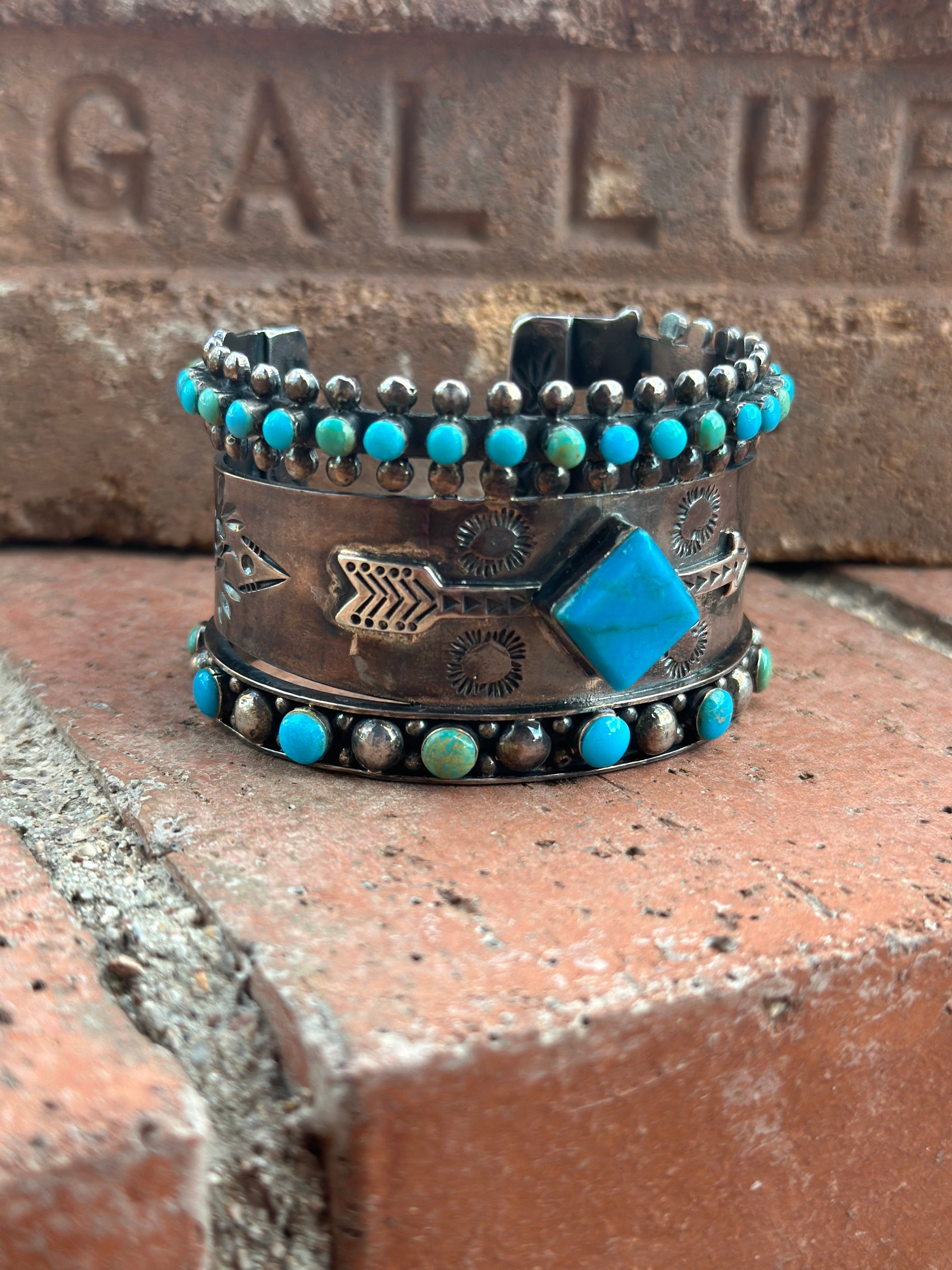 Handmade Sterling Silver Sleeping Beauty and Royston Turquoise Thunderbird Cuff