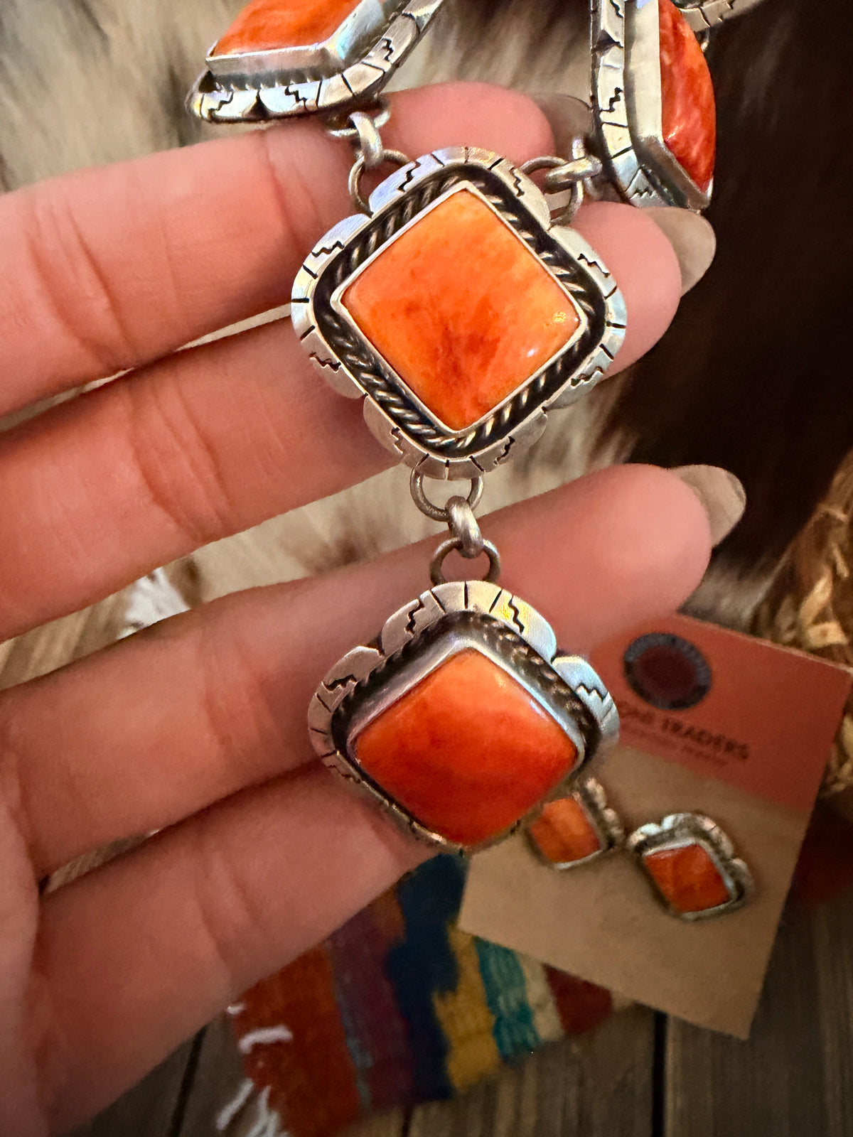 Handcrafted Spiny Oyster & Sterling Silver Cluster Necklace and Earring Set by Larry Kaye