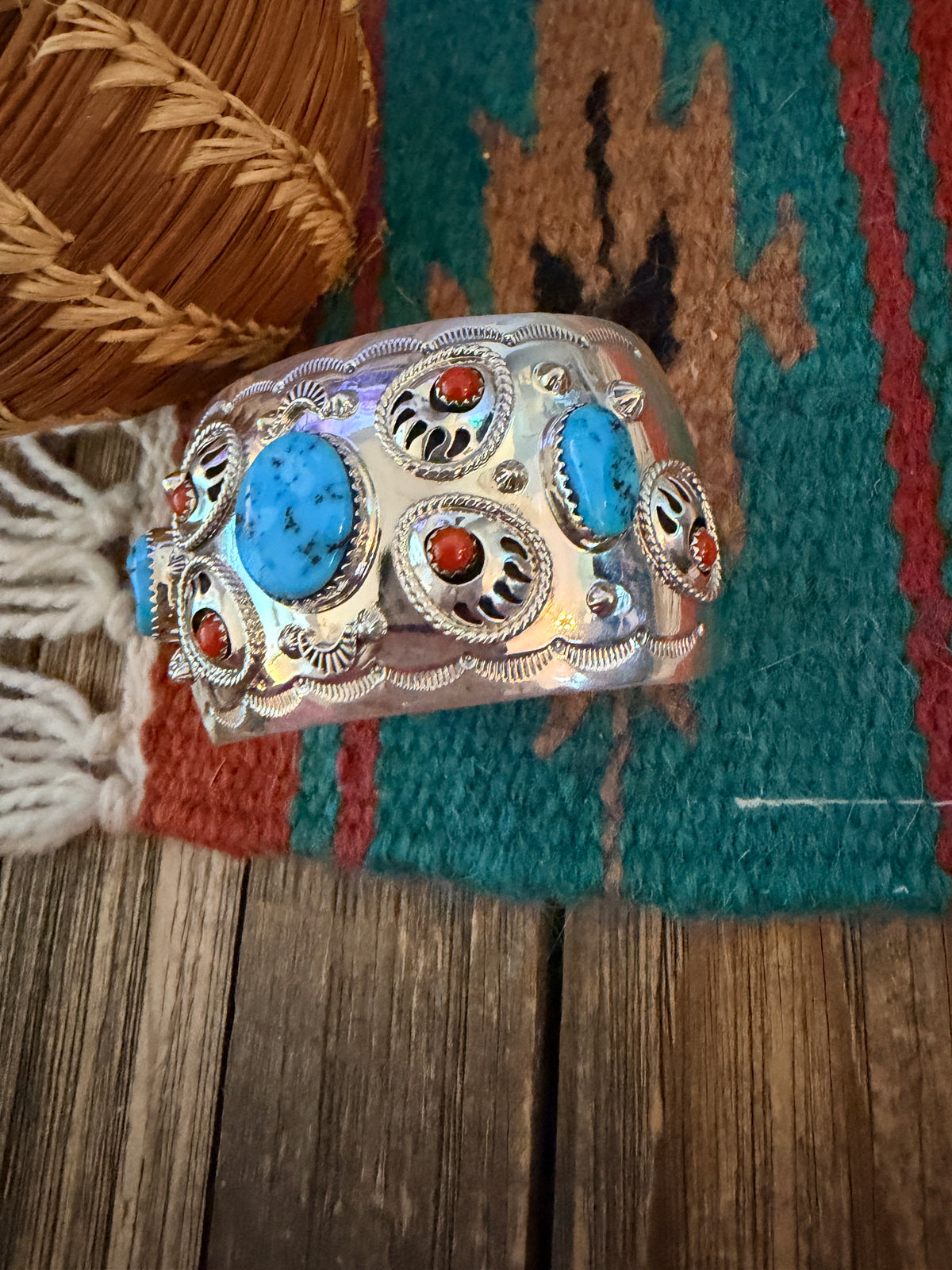 Handcrafted Old Pawn Turquoise, Coral & Sterling Silver Bear Paw Cuff Bracelet