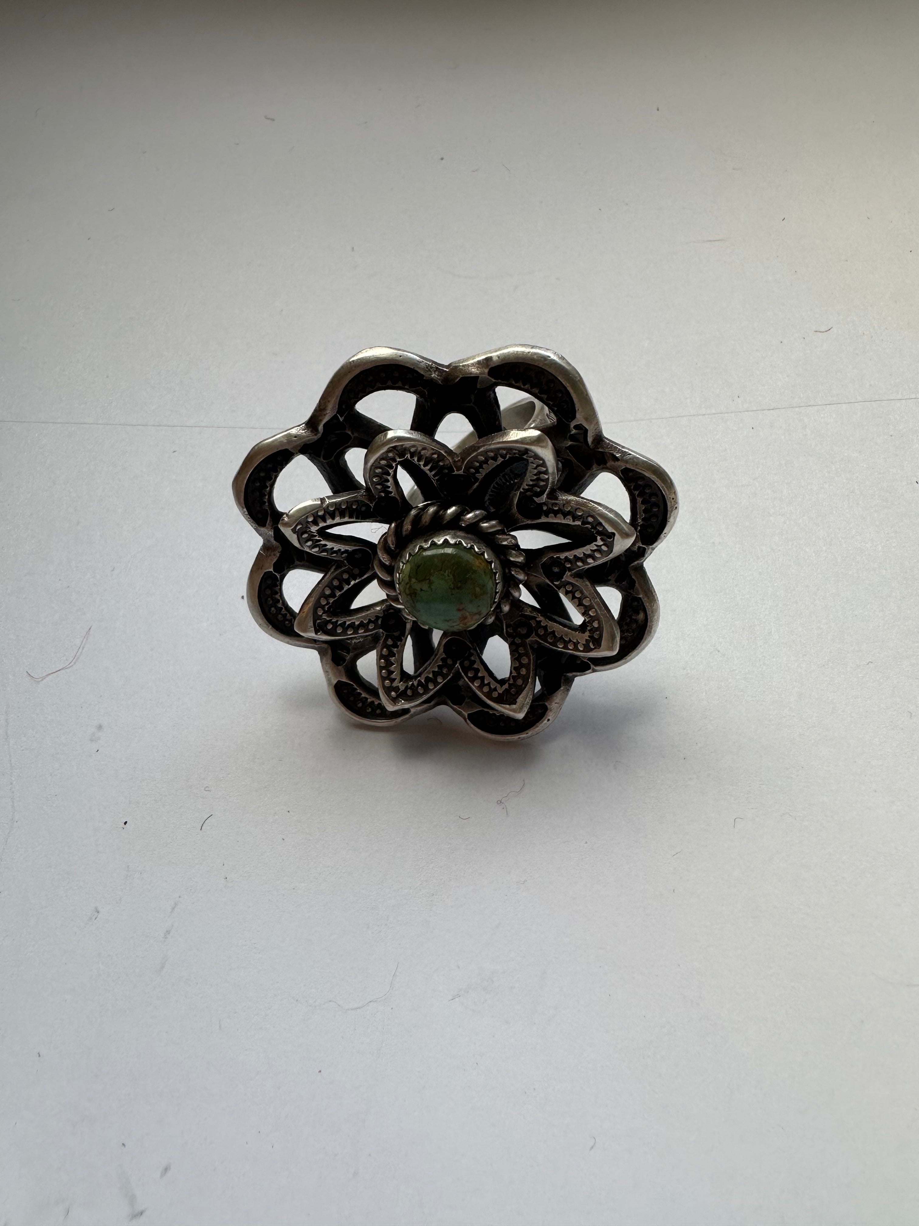 Gorgeous Navajo Turquoise And Sterling Silver Adjustable Flower Ring Signed K Billah