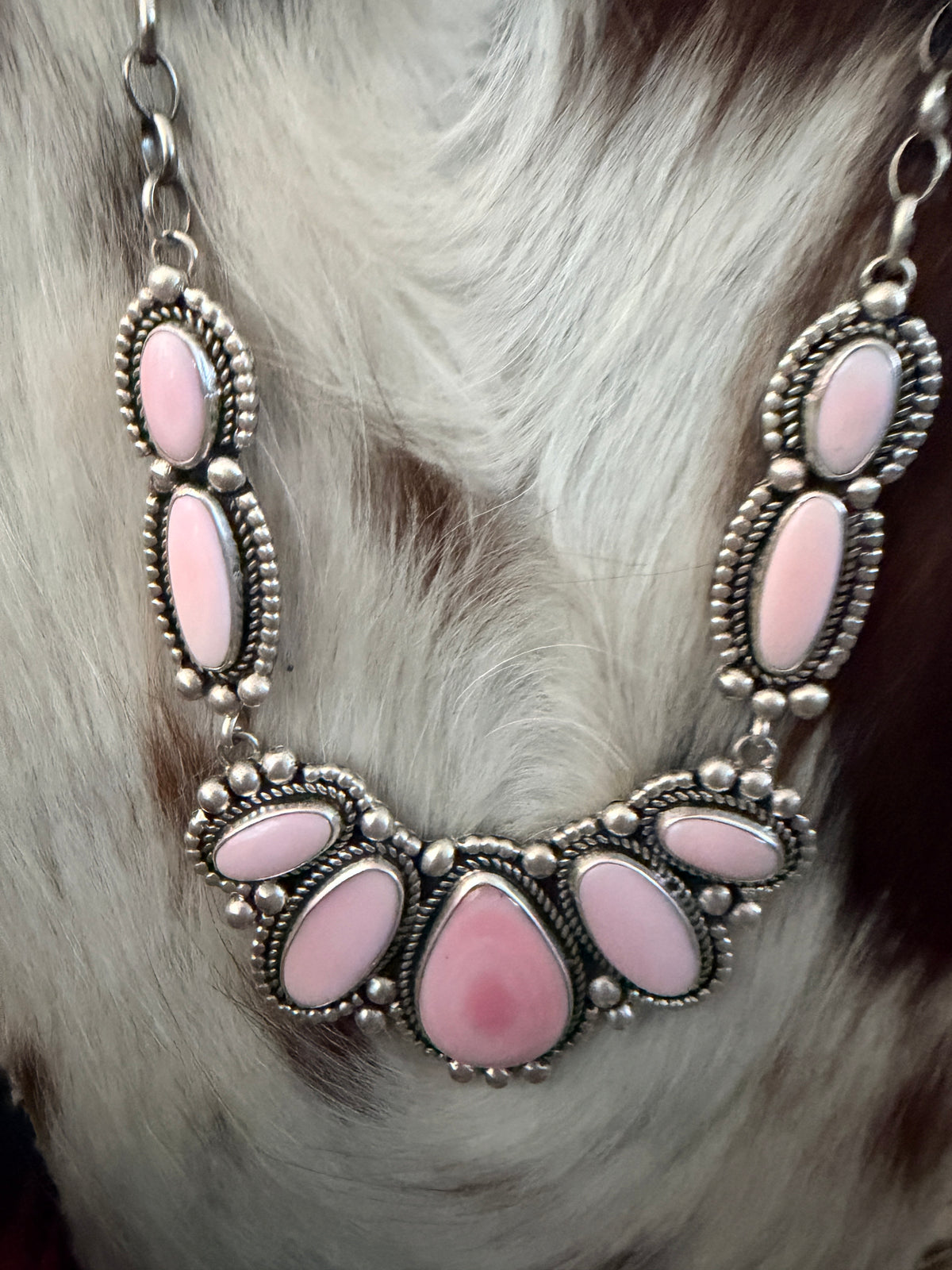 Handcrafted Queen Pink Conch & Sterling Silver Cluster Necklace and Earring Set by Joelias Draper