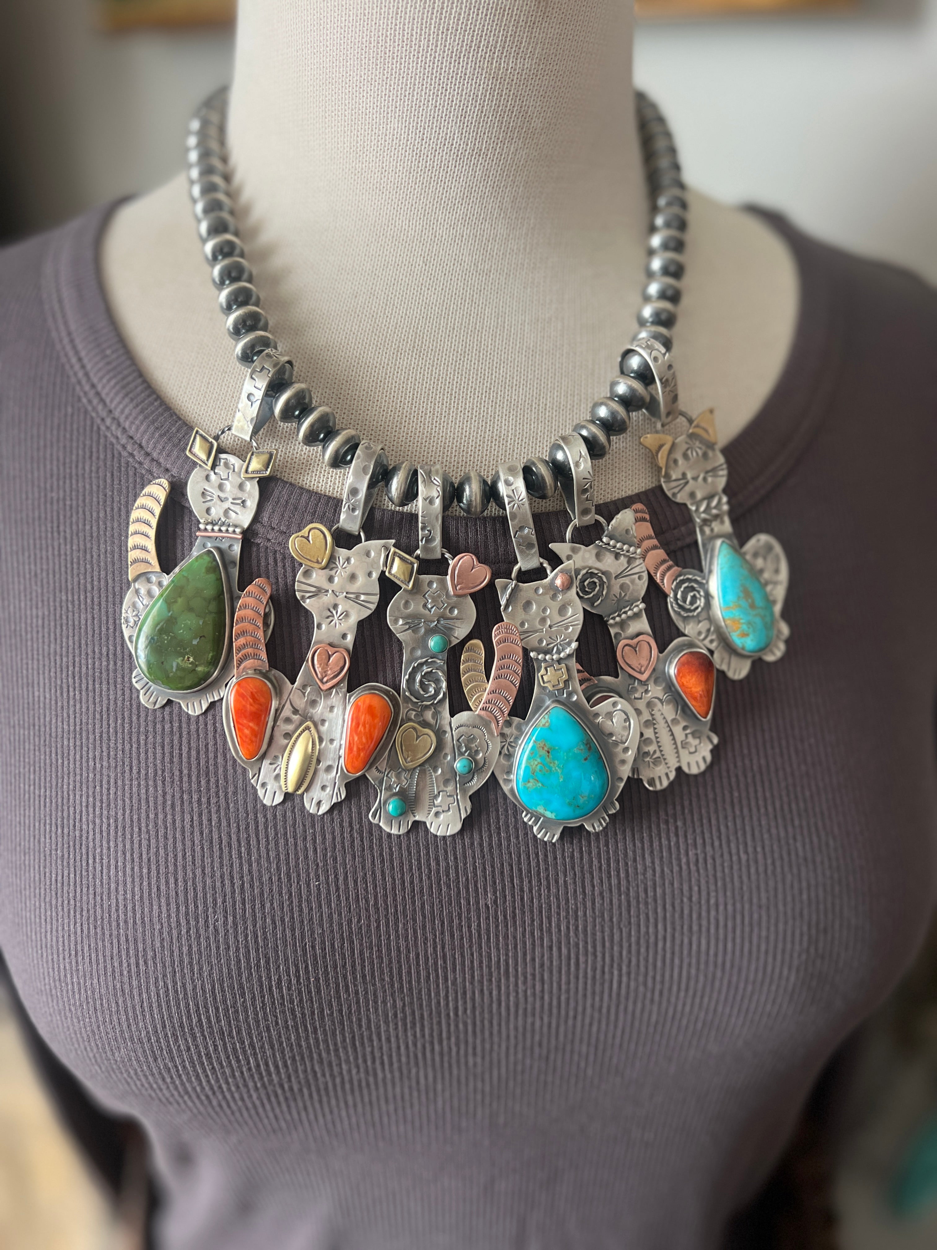 The Kimi-Cats: Hand Stamped and Layered Sterling Silver, Brass, Copper, Turquoise & Spiny Oyster Cat Pendants by Kimari Somers