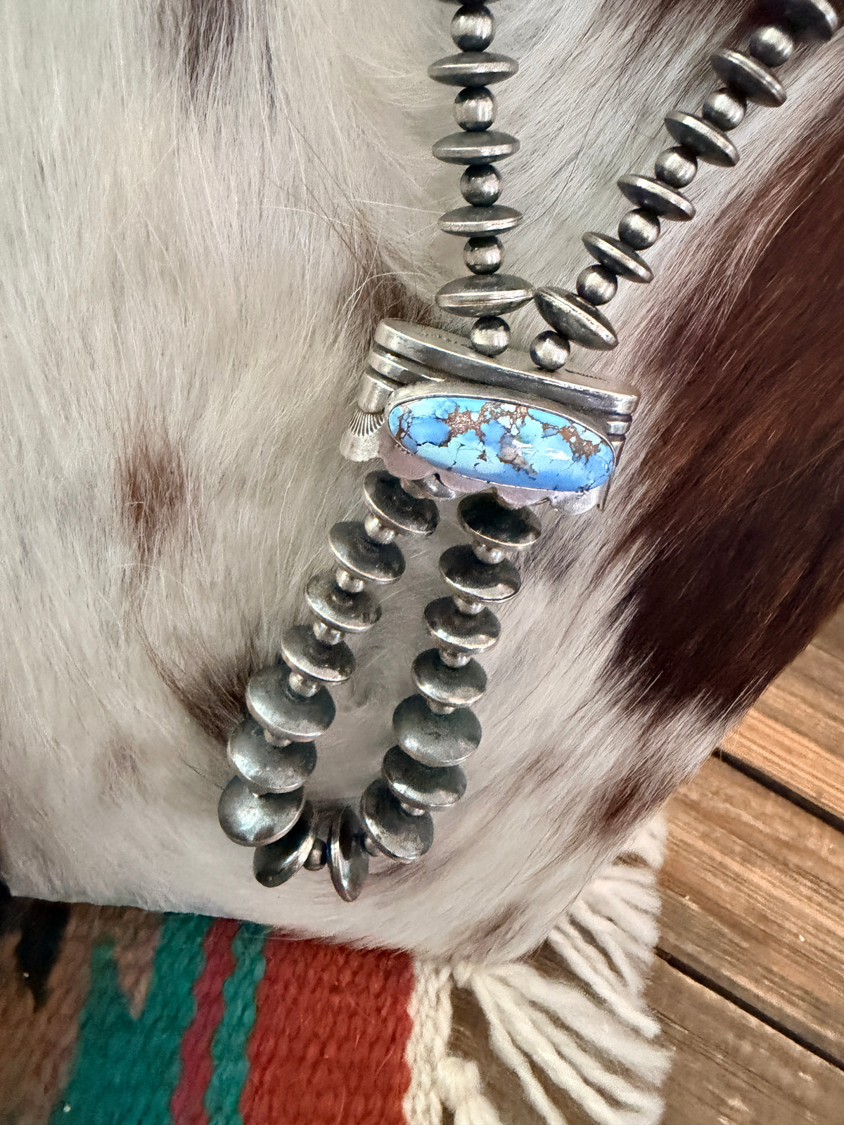 Handcrafted Turquoise & Sterling Silver Beaded Double Sided Jacla Necklace