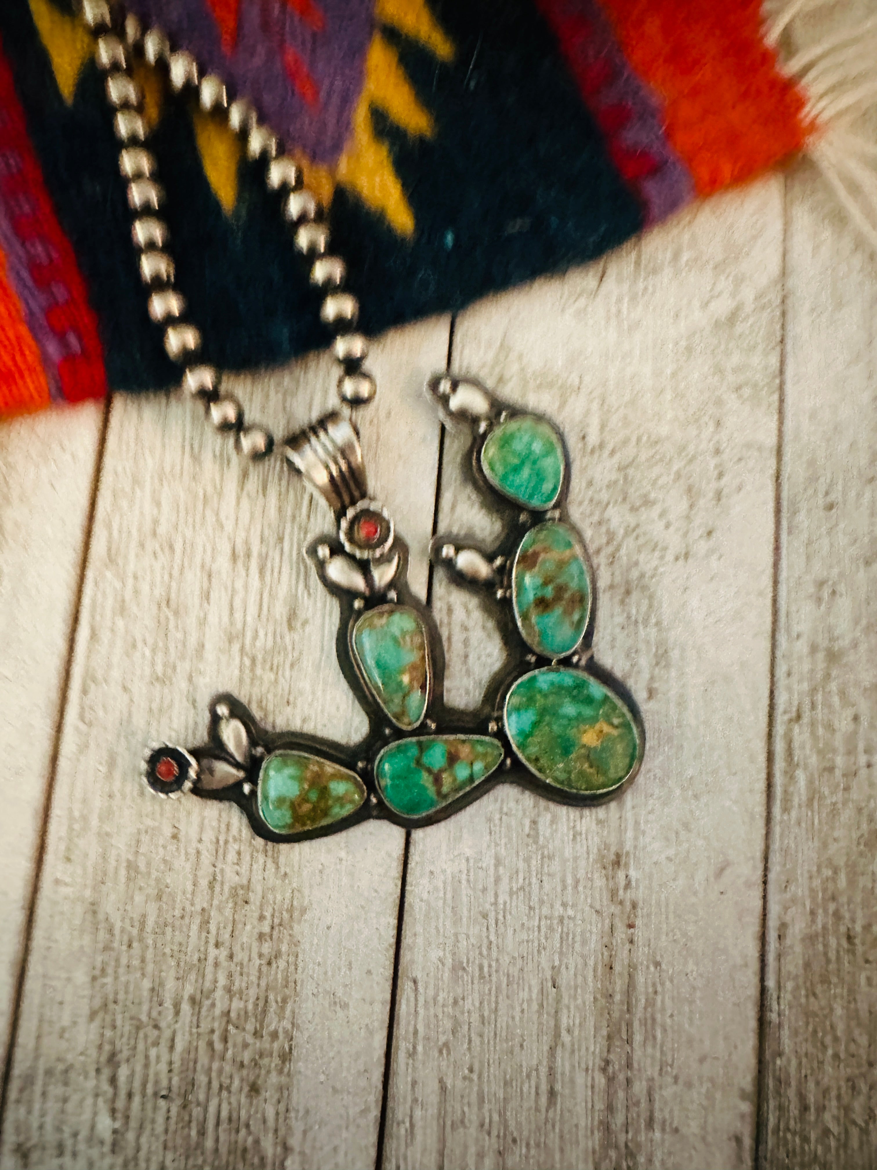 Navajo Turquoise, Coral and Sterling Silver Cactus Pendant