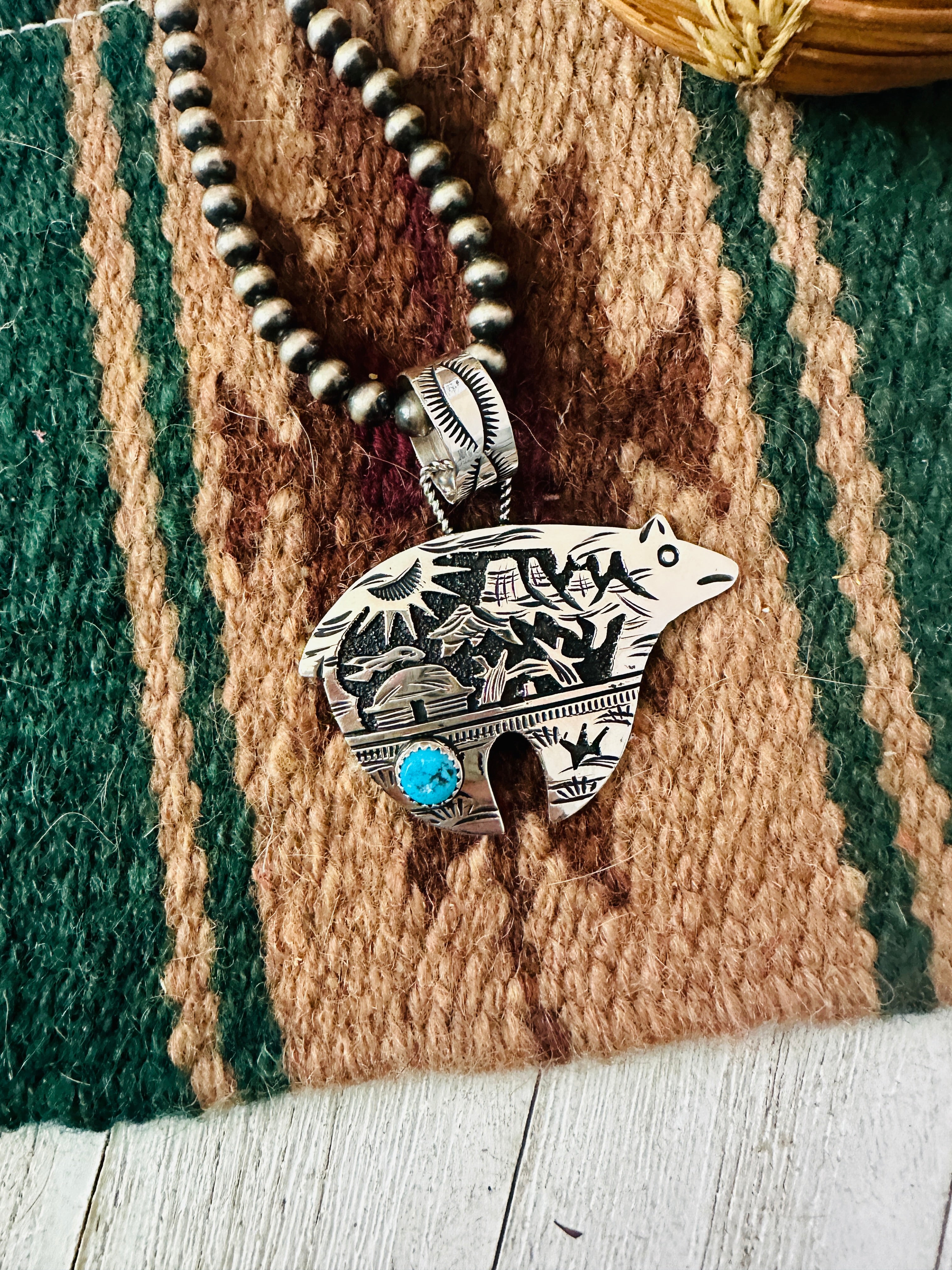 Navajo Turquoise & Sterling Silver Bear Pendant Signed Richard Singer