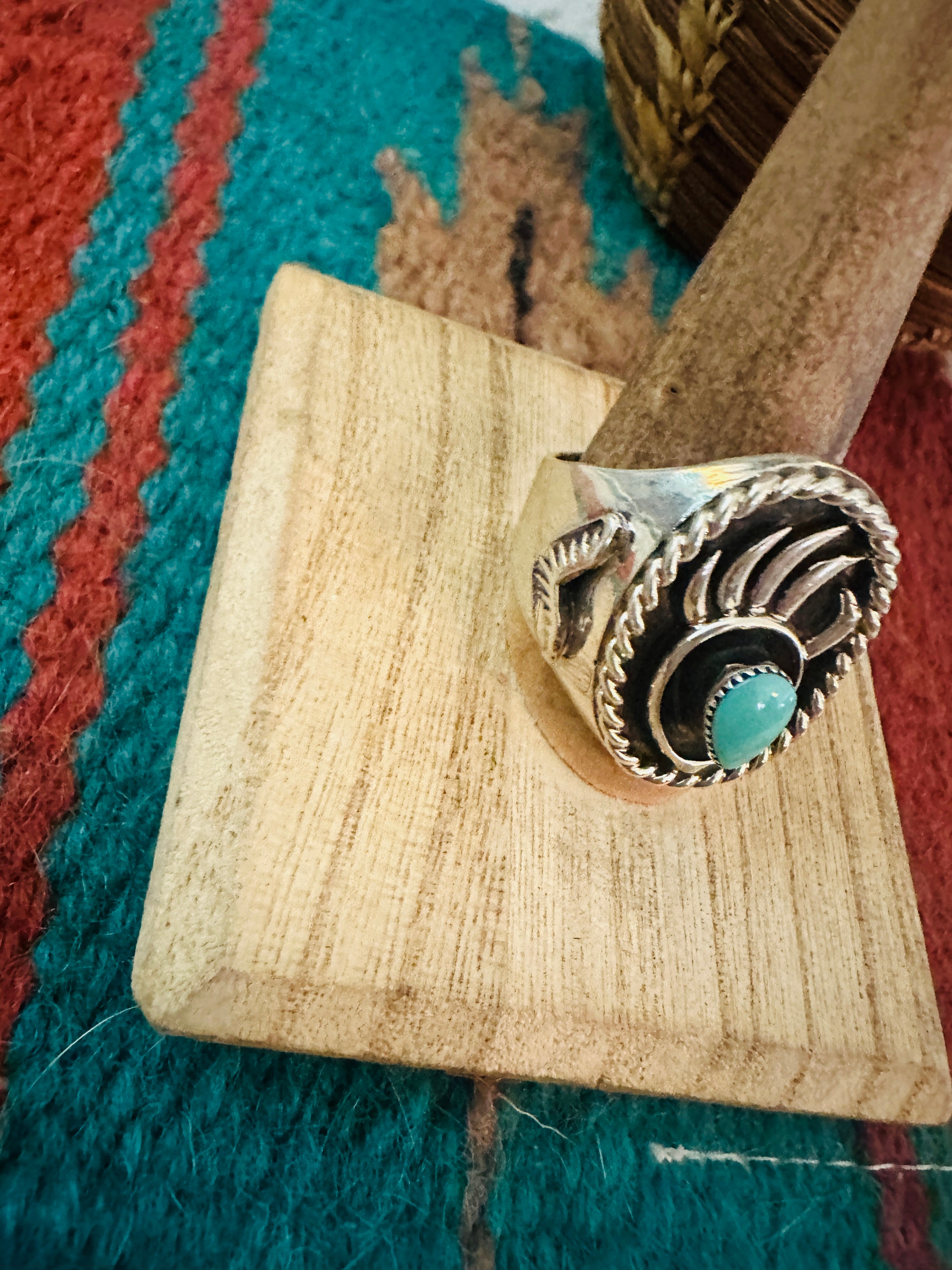 Navajo Turquoise & Sterling Silver Bear Paw Cigar Band Ring Size 11