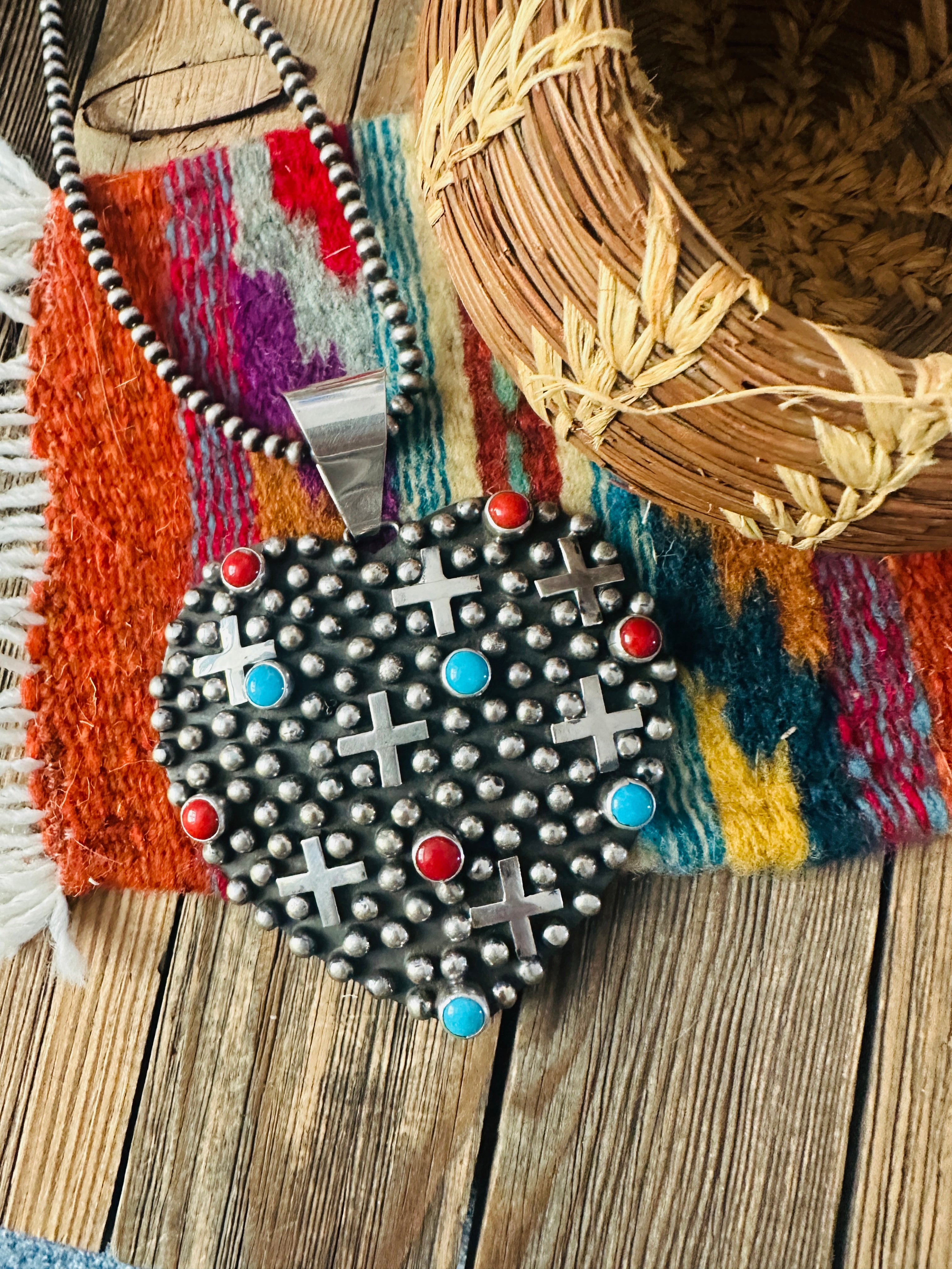 Handcrafted Sterling Silver, Turquoise & Coral Heart Cross Pendant by Geneva Apachito