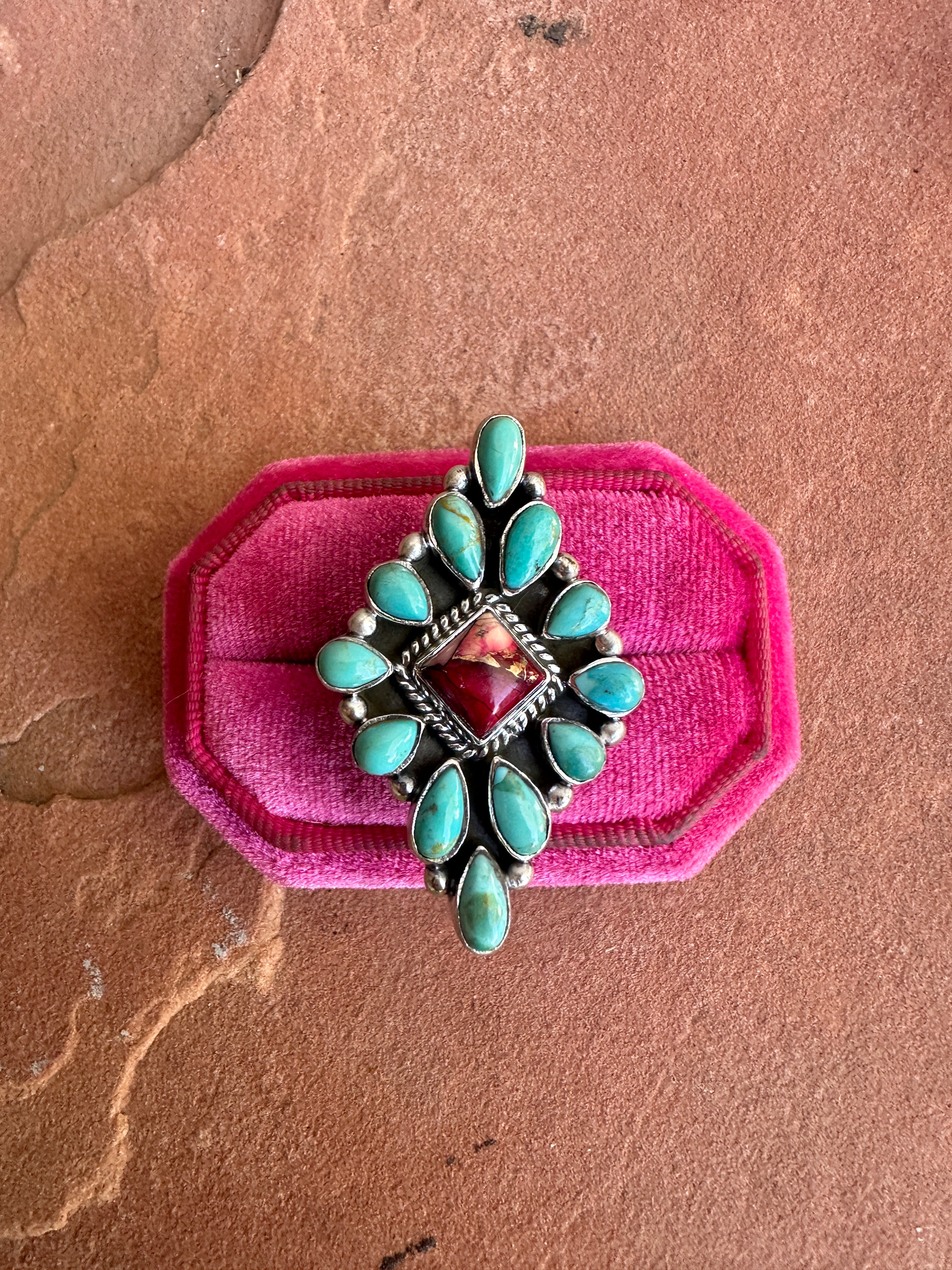 Handmade Dahlia Rose, Turquoise & Sterling Silver Adjustable Cluster Ring