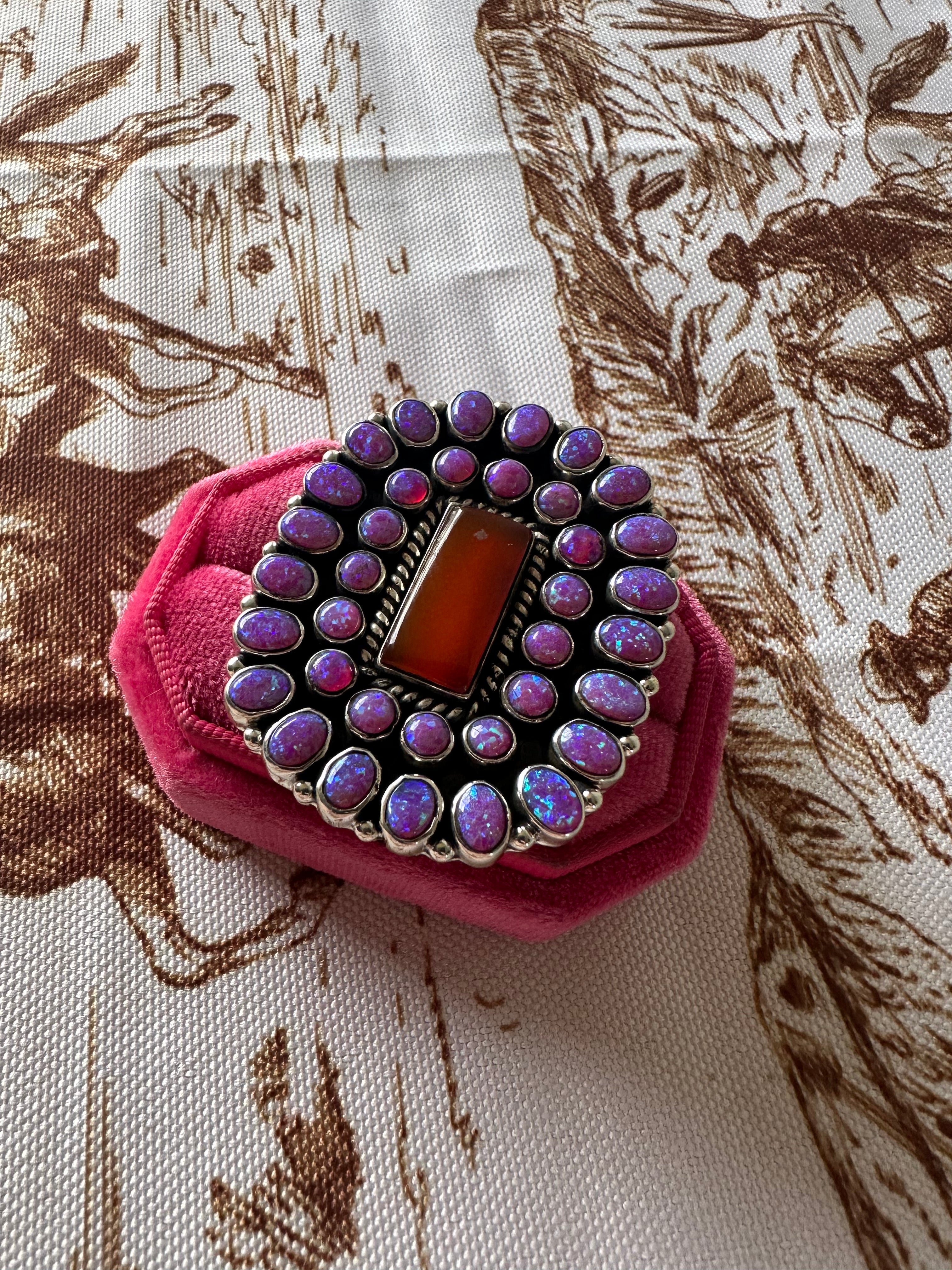 Handmade Amber, Purple Fire Opal And Sterling Silver Adjustable Ring