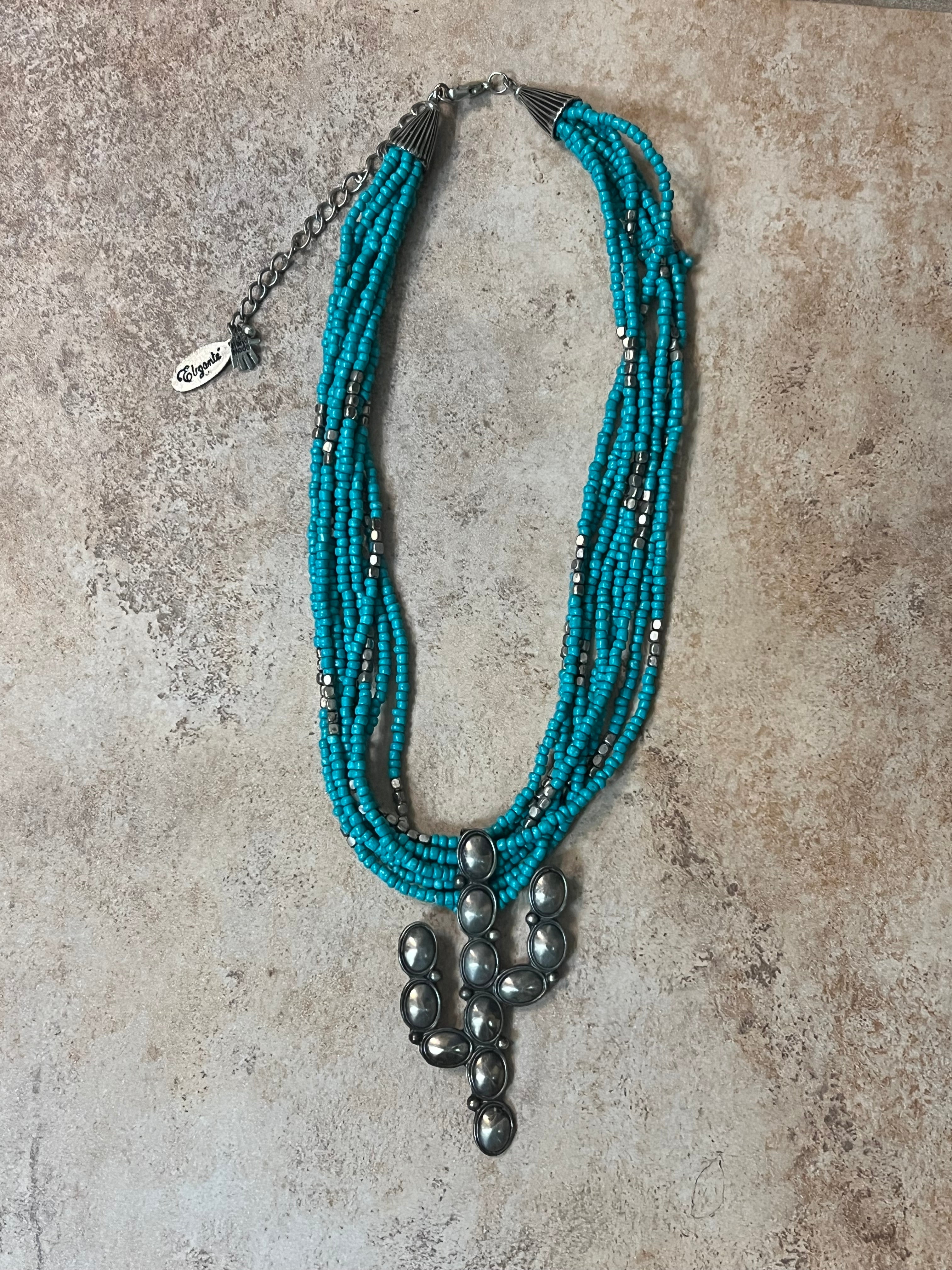 Vintage 8 Strand Blue Beaded Necklace With Saguaro Pendant