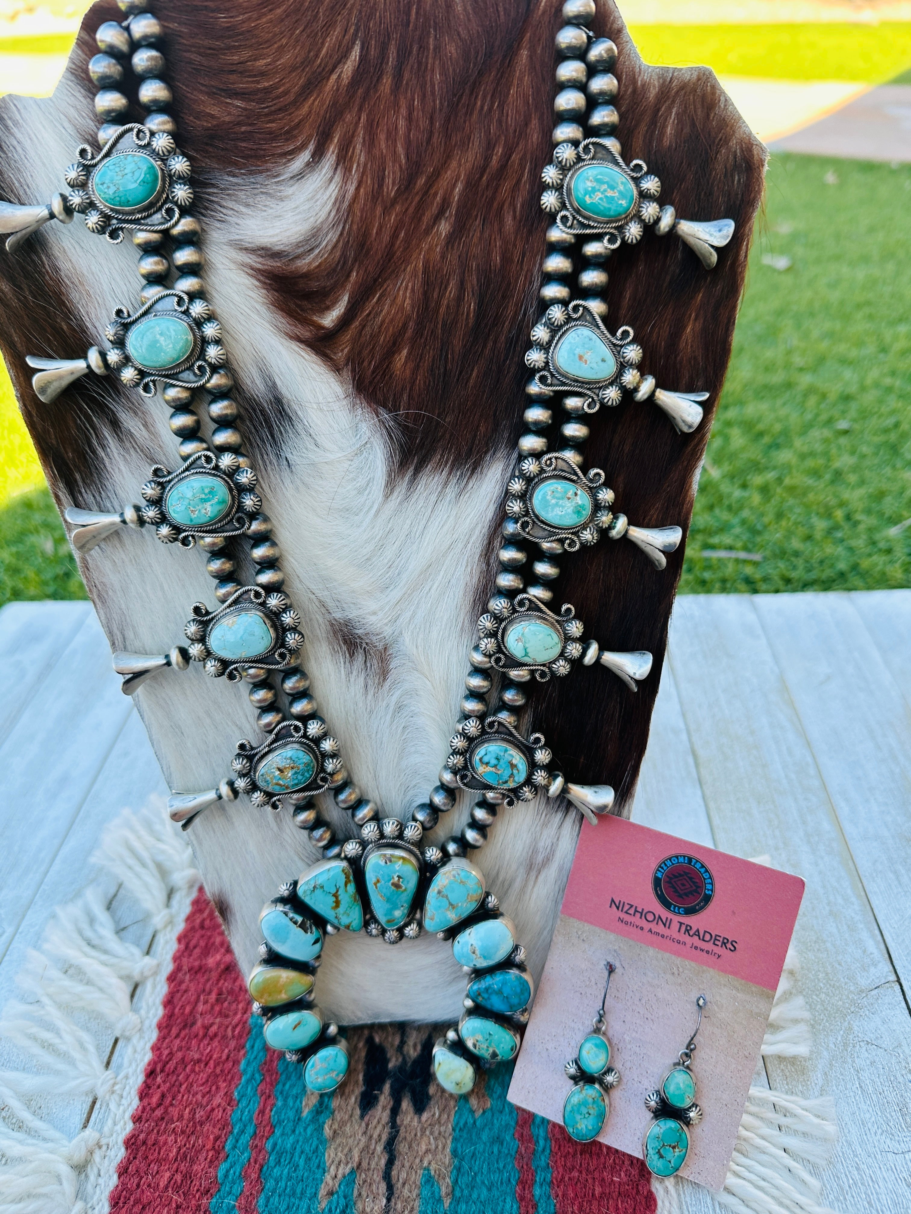 Handcrafted Turquoise & Sterling Silver Squash Blossom Necklace and Earring Set by Bobby Johnson