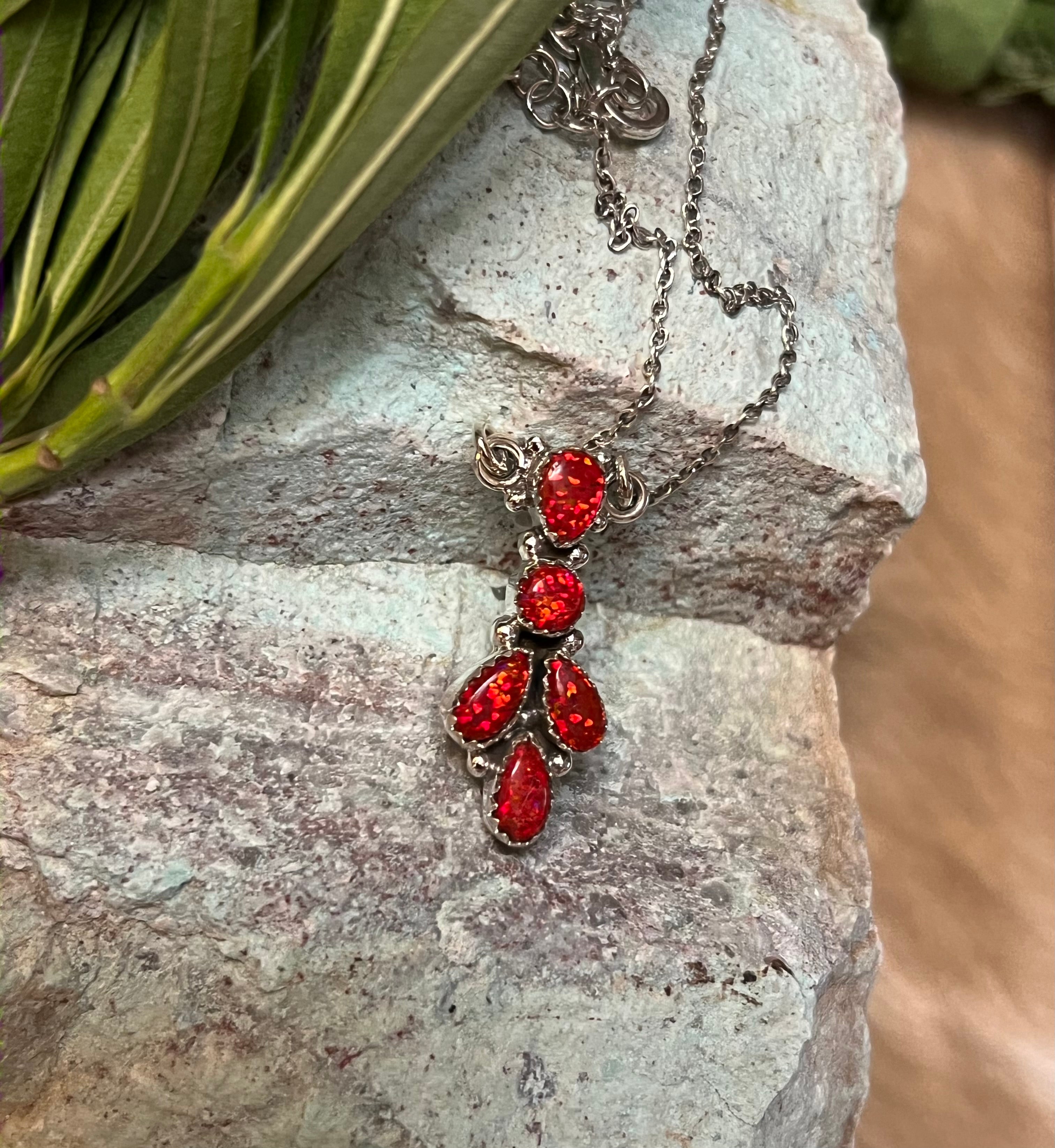 Handmade Fire Red Opal Tear Drop Cluster Sterling Silver Necklace