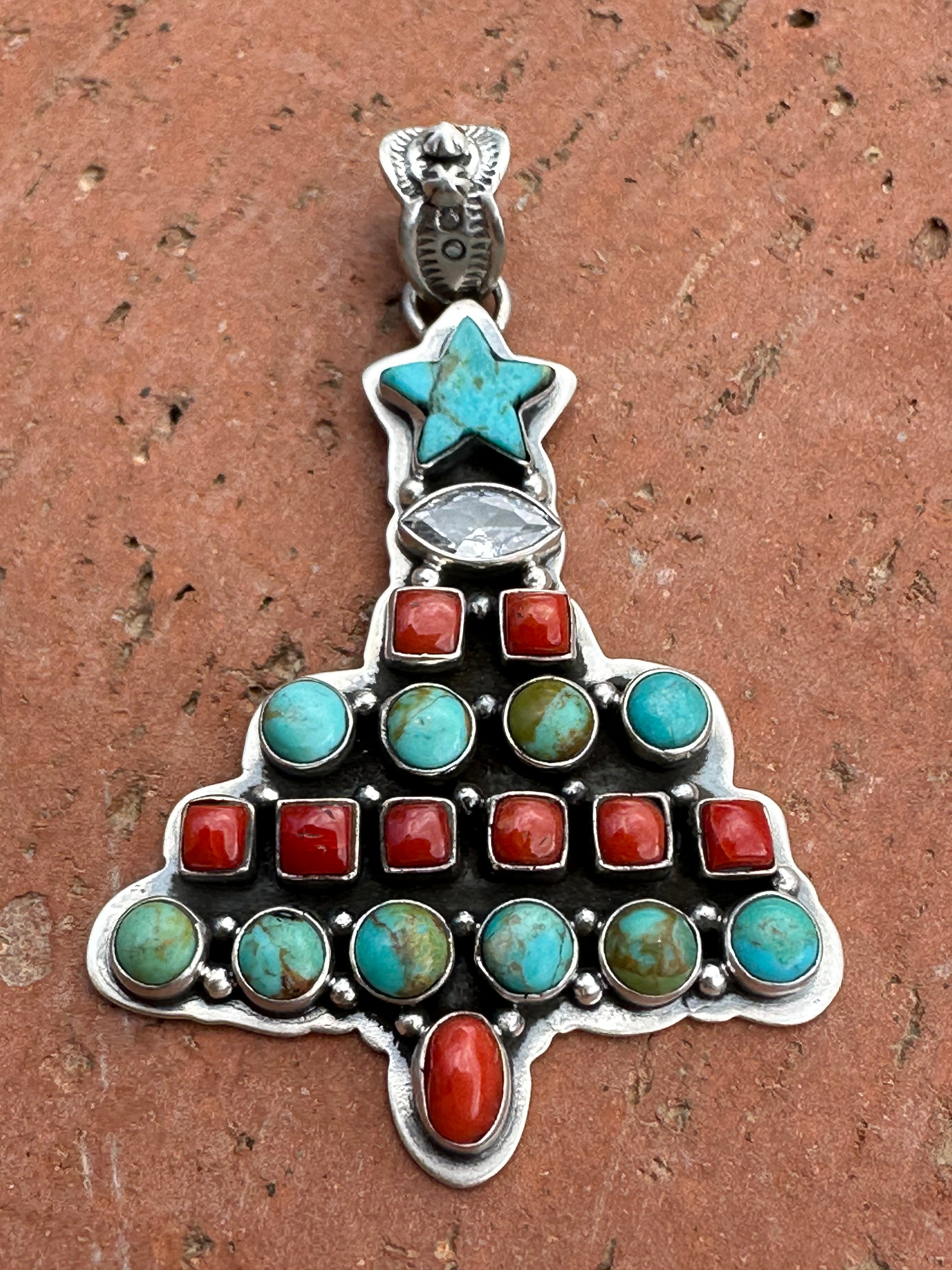 Handmade Sterling Silver, Coral & Turquoise Christmas Tree Pendant