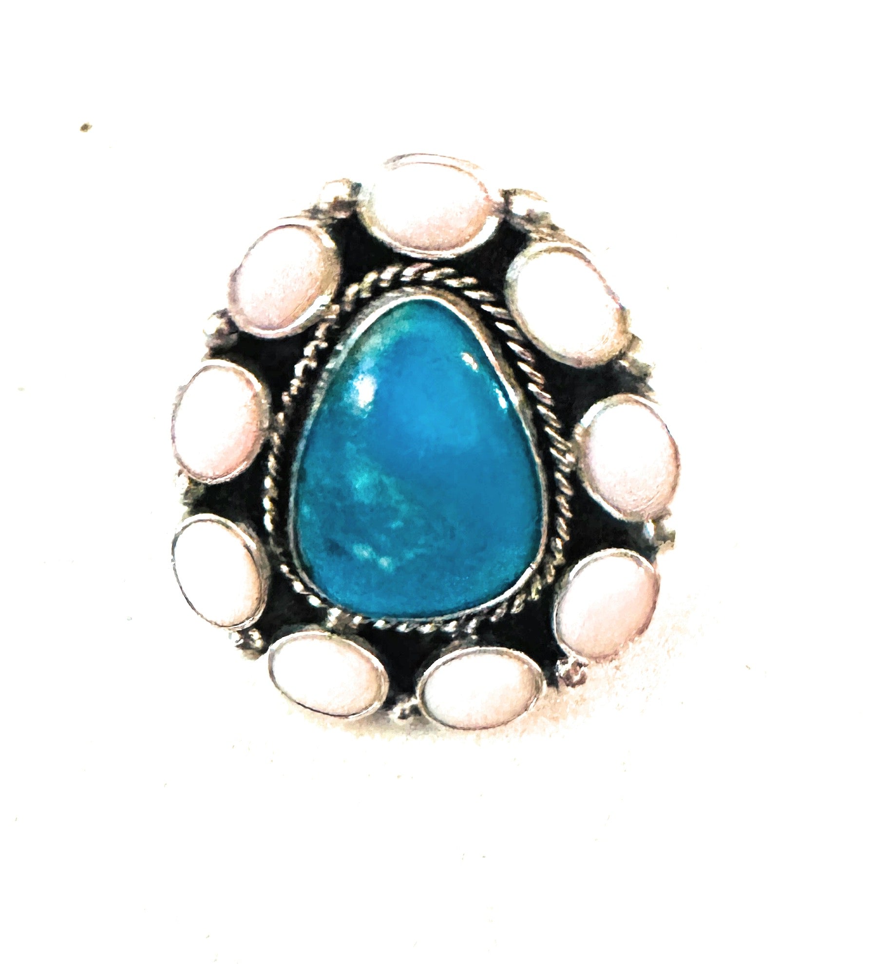 Navajo Sterling Silver, Queen Pink Conch & Turquoise Cluster Adjustable Ring