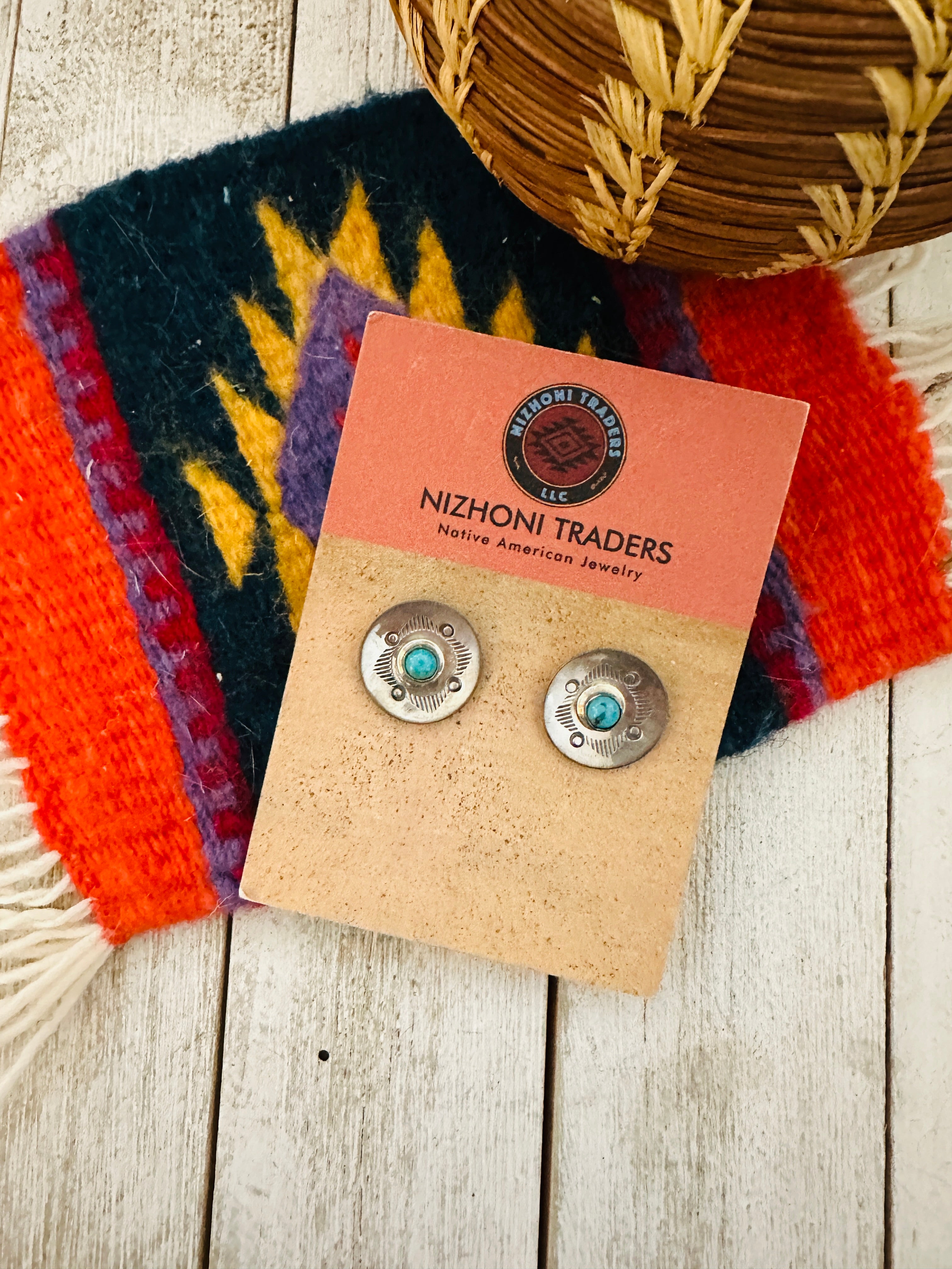 Navajo Hand Stamped Sterling Silver & Turquoise Concho Stud Earrings