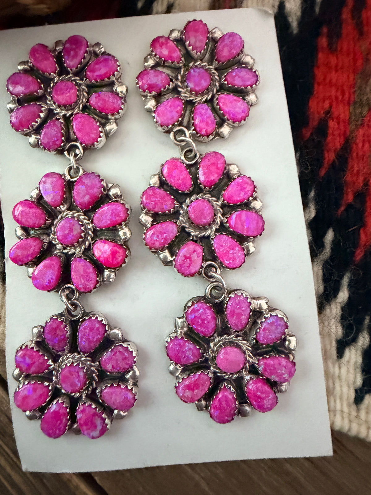 Handcrafted Pink Opal & Sterling Silver Cluster Dangle Earrings by Danny L. Wauneka
