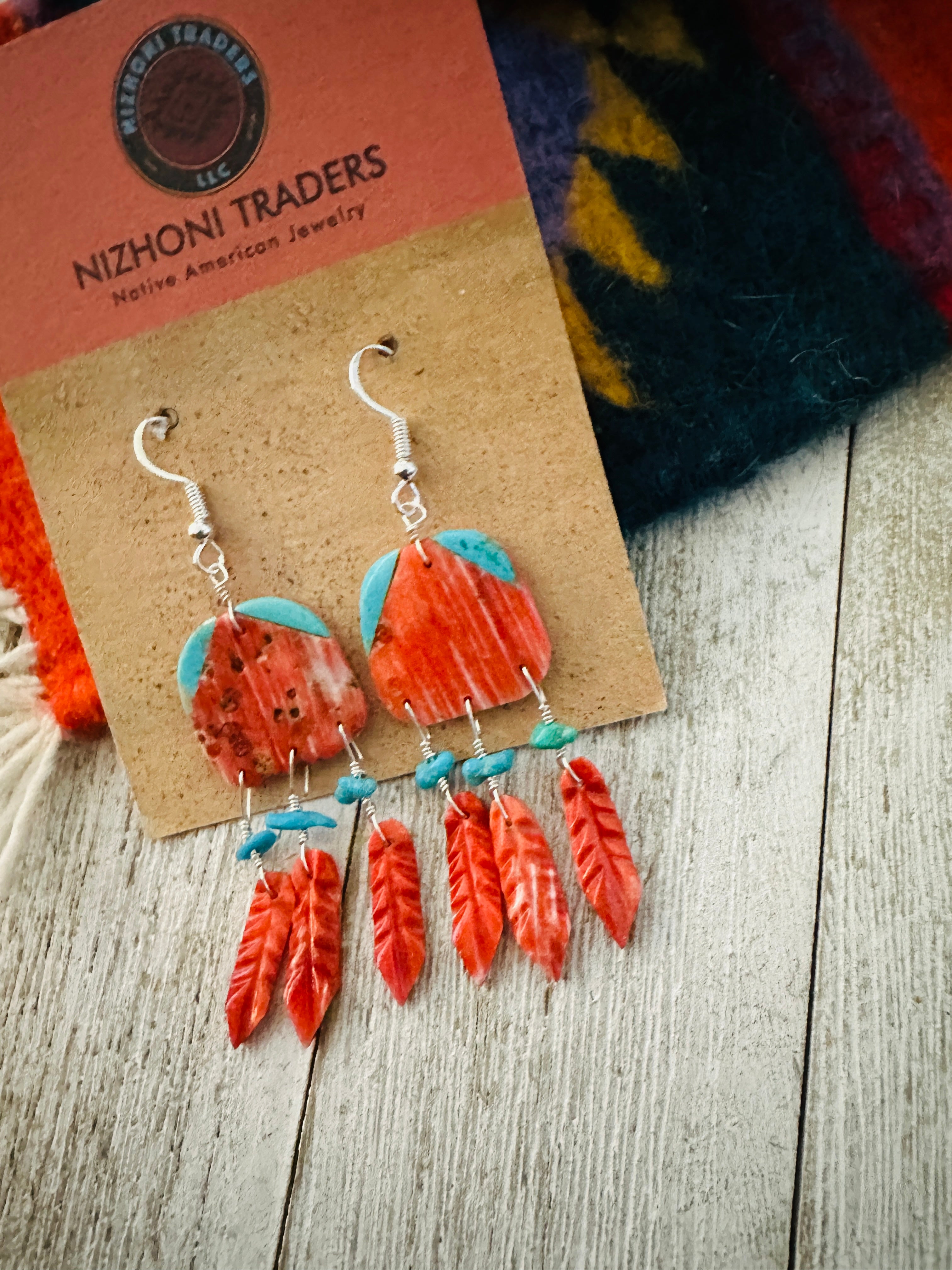 Santo Domingo Spiny & Turquoise Feather Dangle Earrings