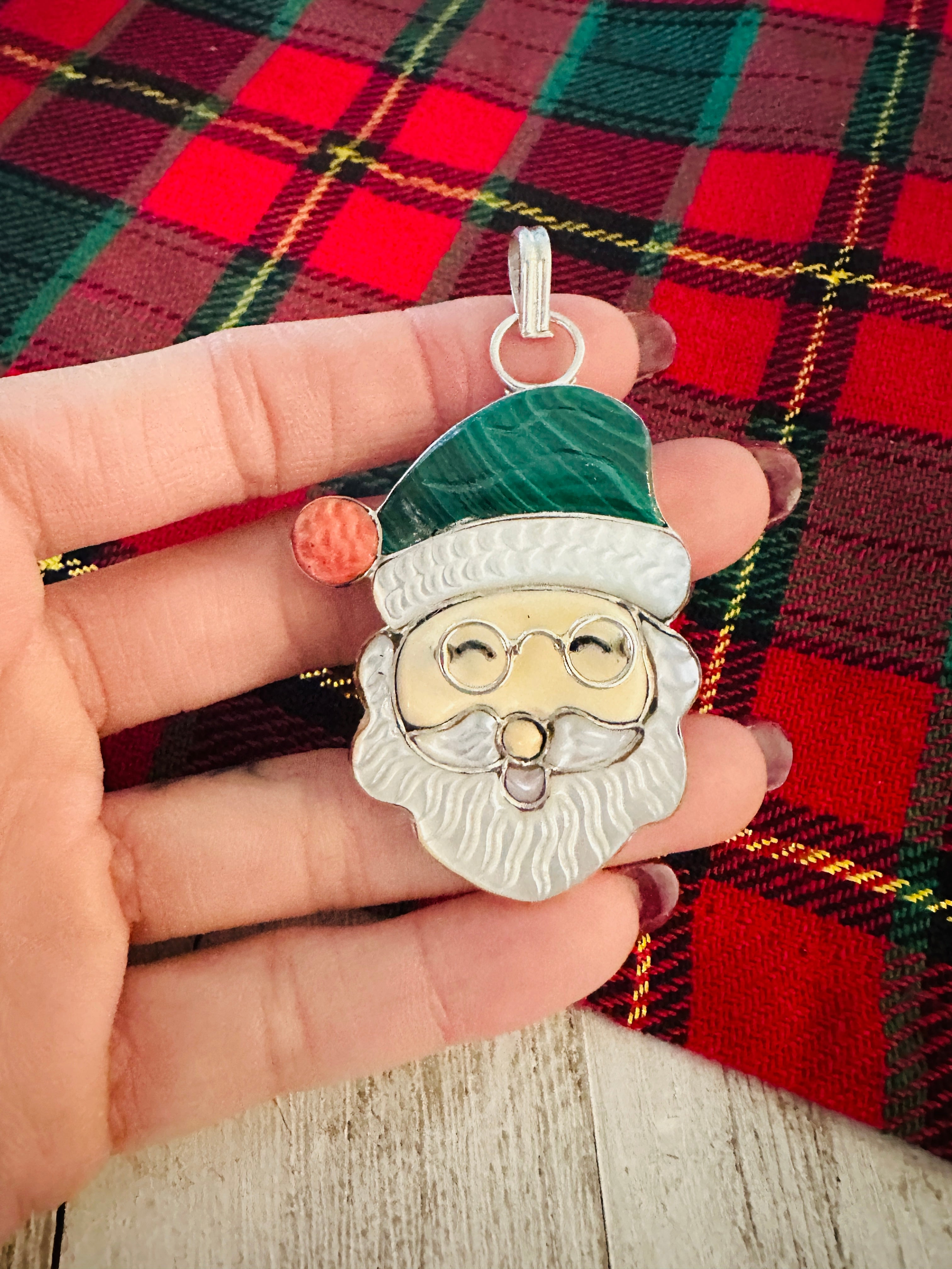 Zuni Multi Stone & Sterling Silver Inlay Santa Claus Pendant