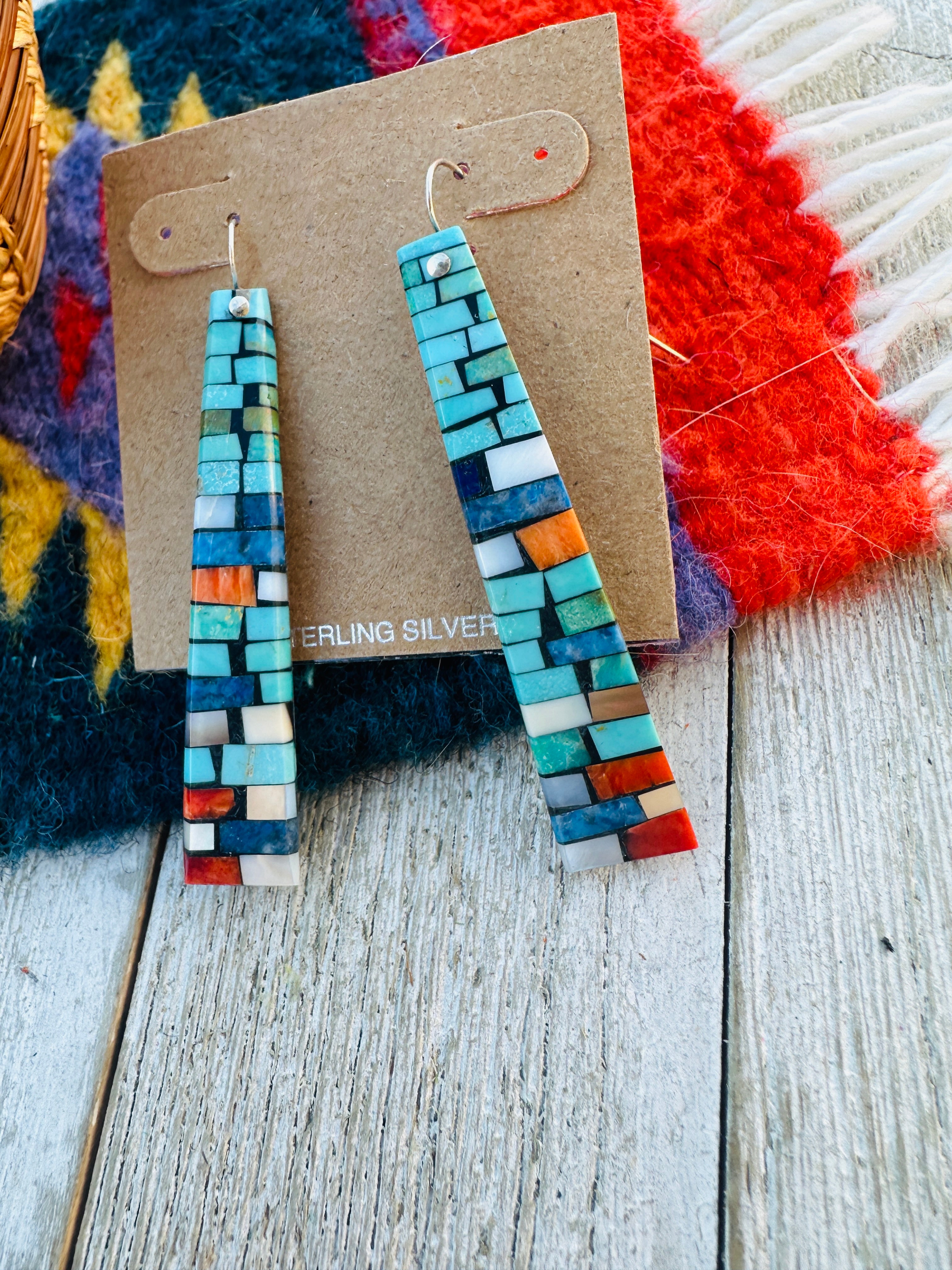 Handcrafted Multi Stone Inlay Shell Dangle Earrings