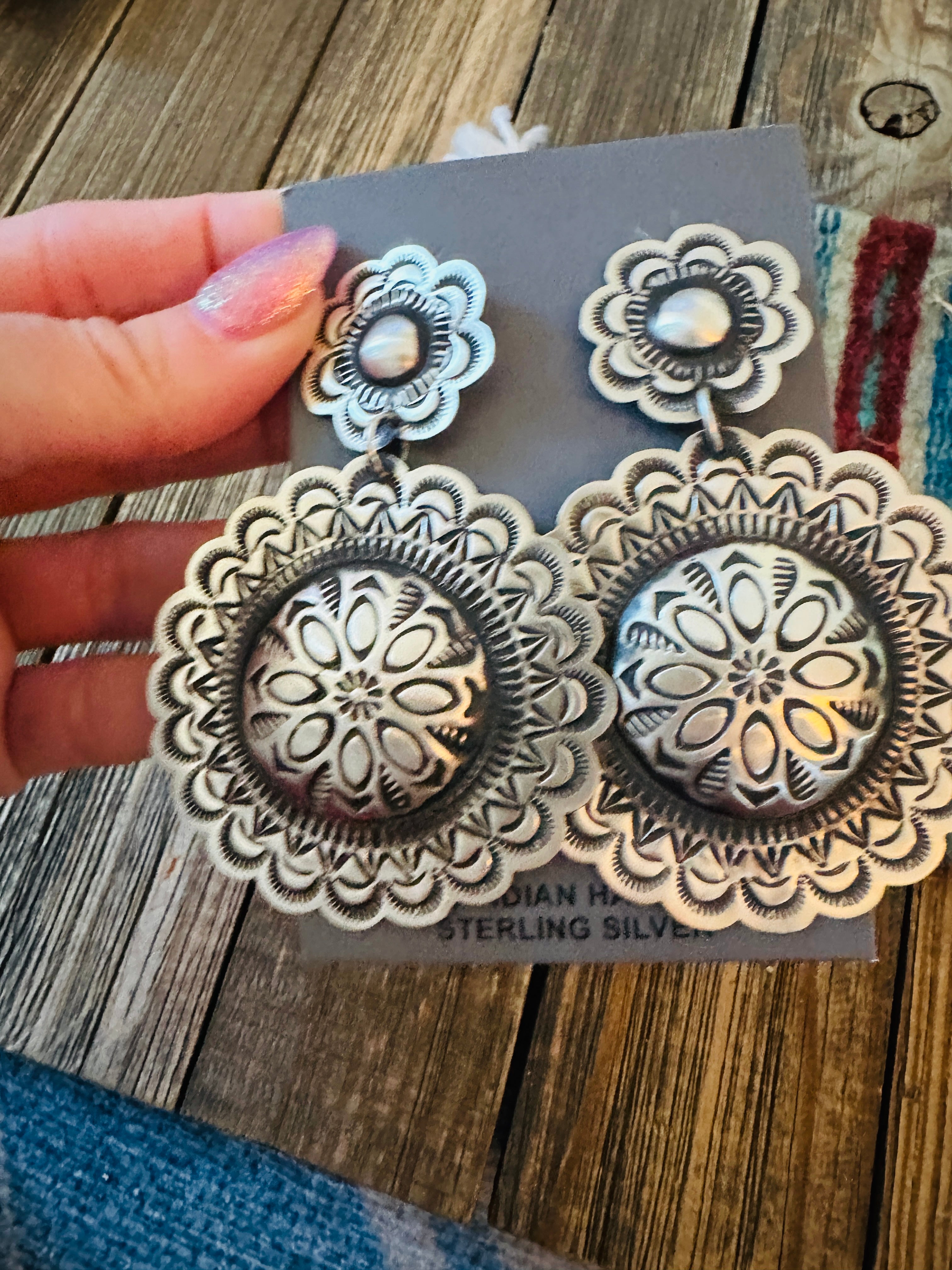 Handcrafted Sterling Silver Concho Dangle Earrings by Leander Tahe