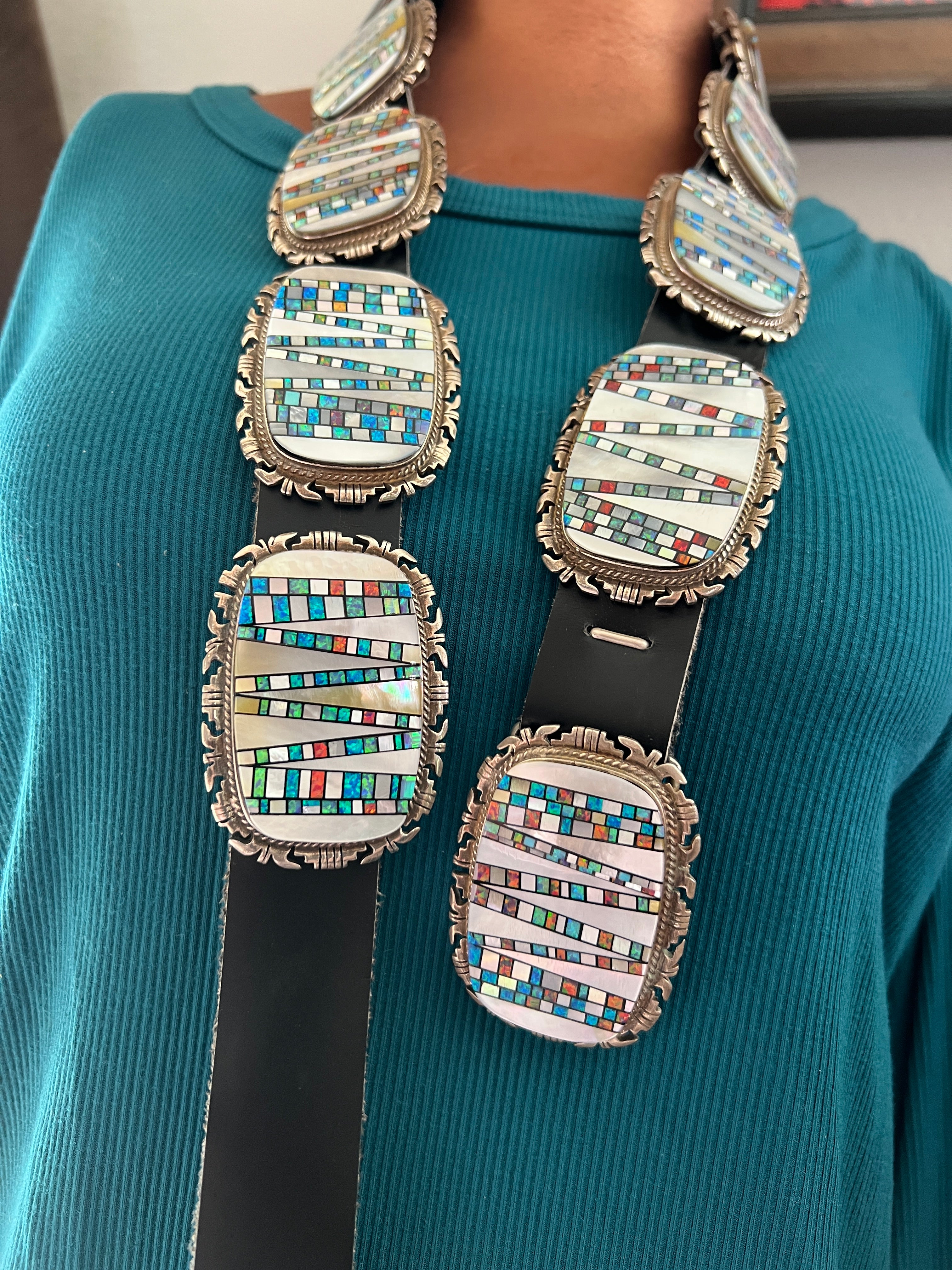 Tremendous Old Pawn Handcrafted Sterling Silver, Mother of Pearl and Opal Inlay Concho Belt by Albert Francisco