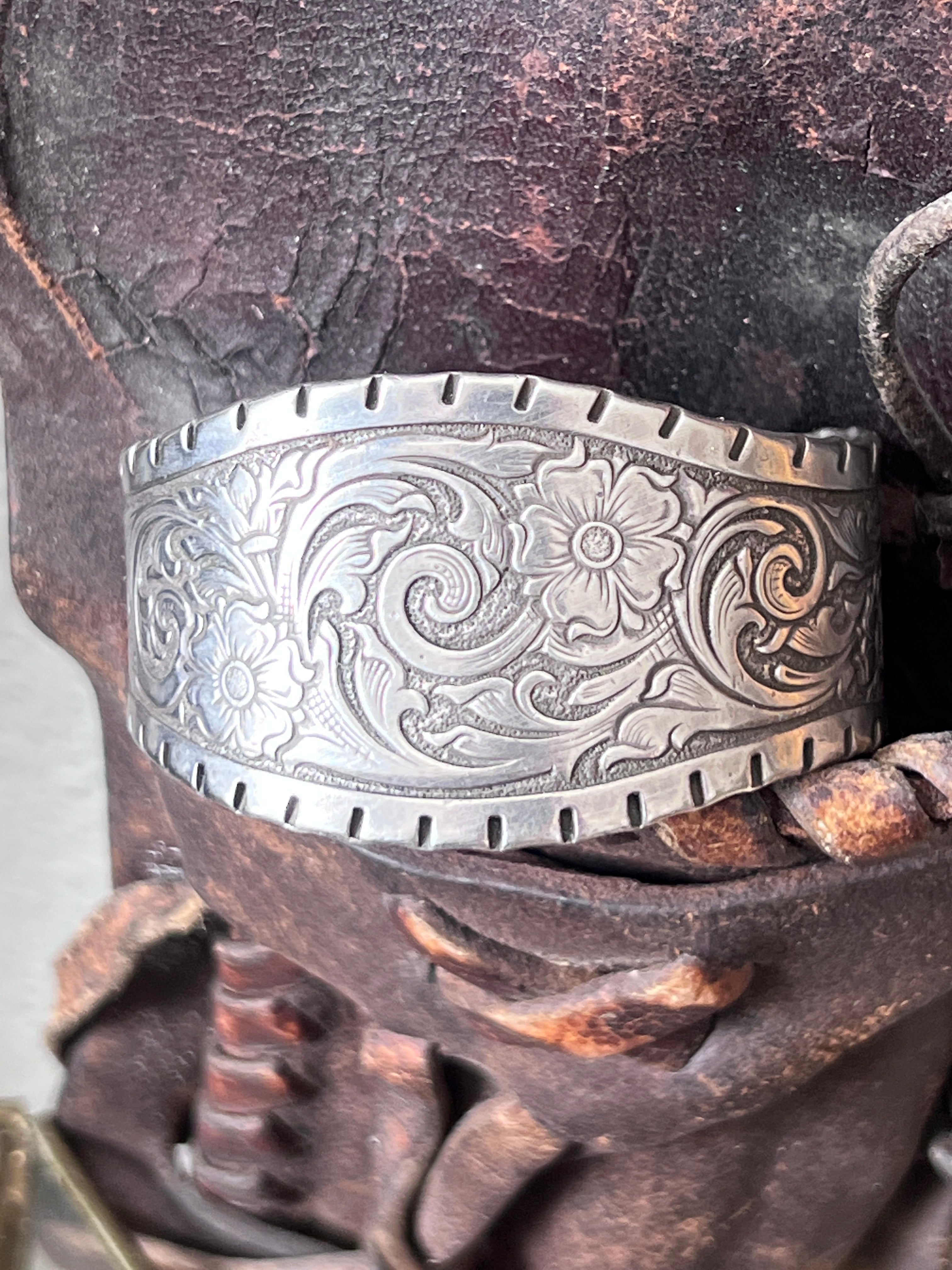 Old Pawn Tooled “Don’t Fence Me In” Sterling Silver Cuff Bracelet by Kit Carson