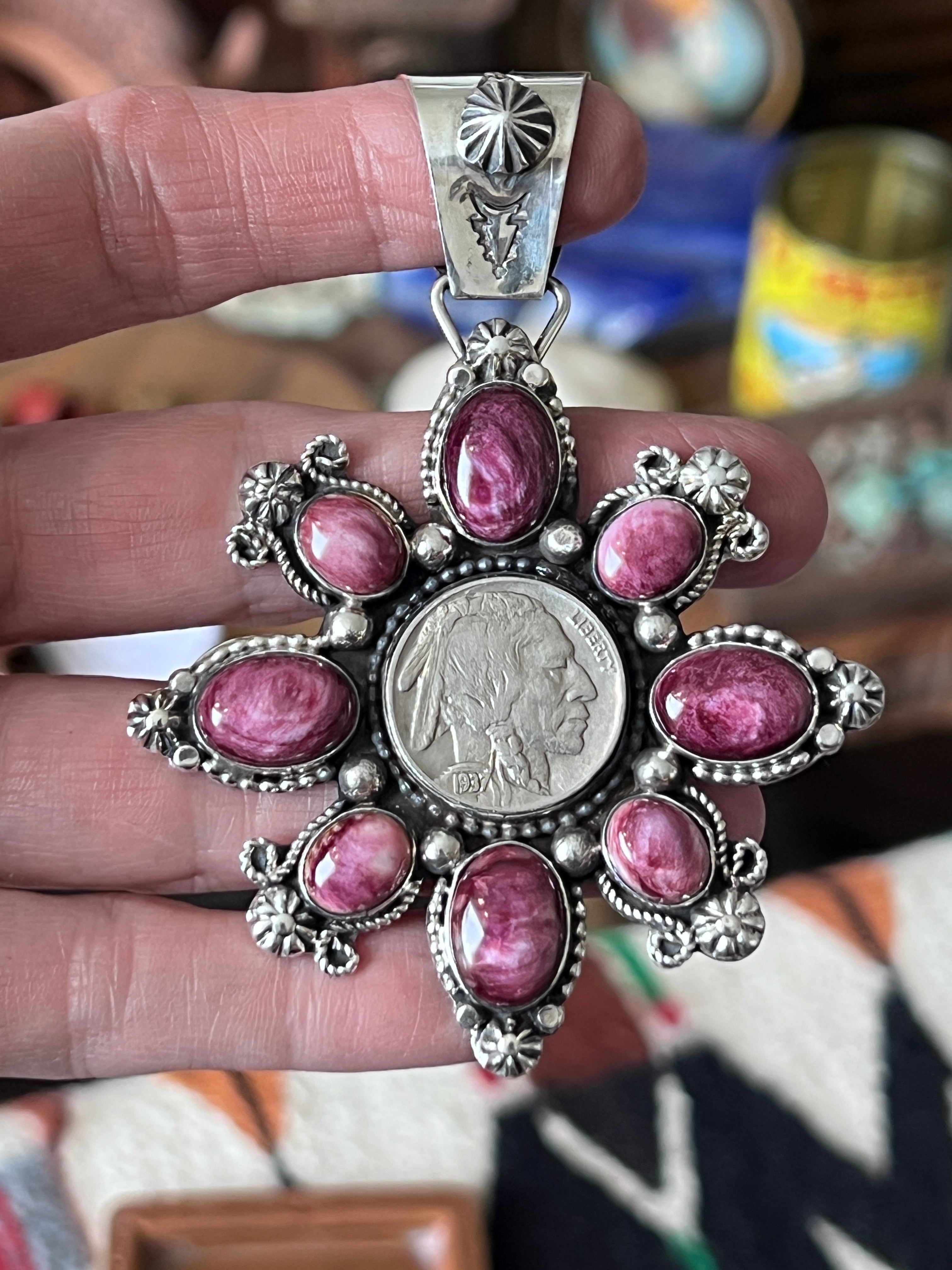 Sterling Silver, Indian Head Nickel and Purple Spiny Oyster Shell Cluster Pendant by Rosella Paxson