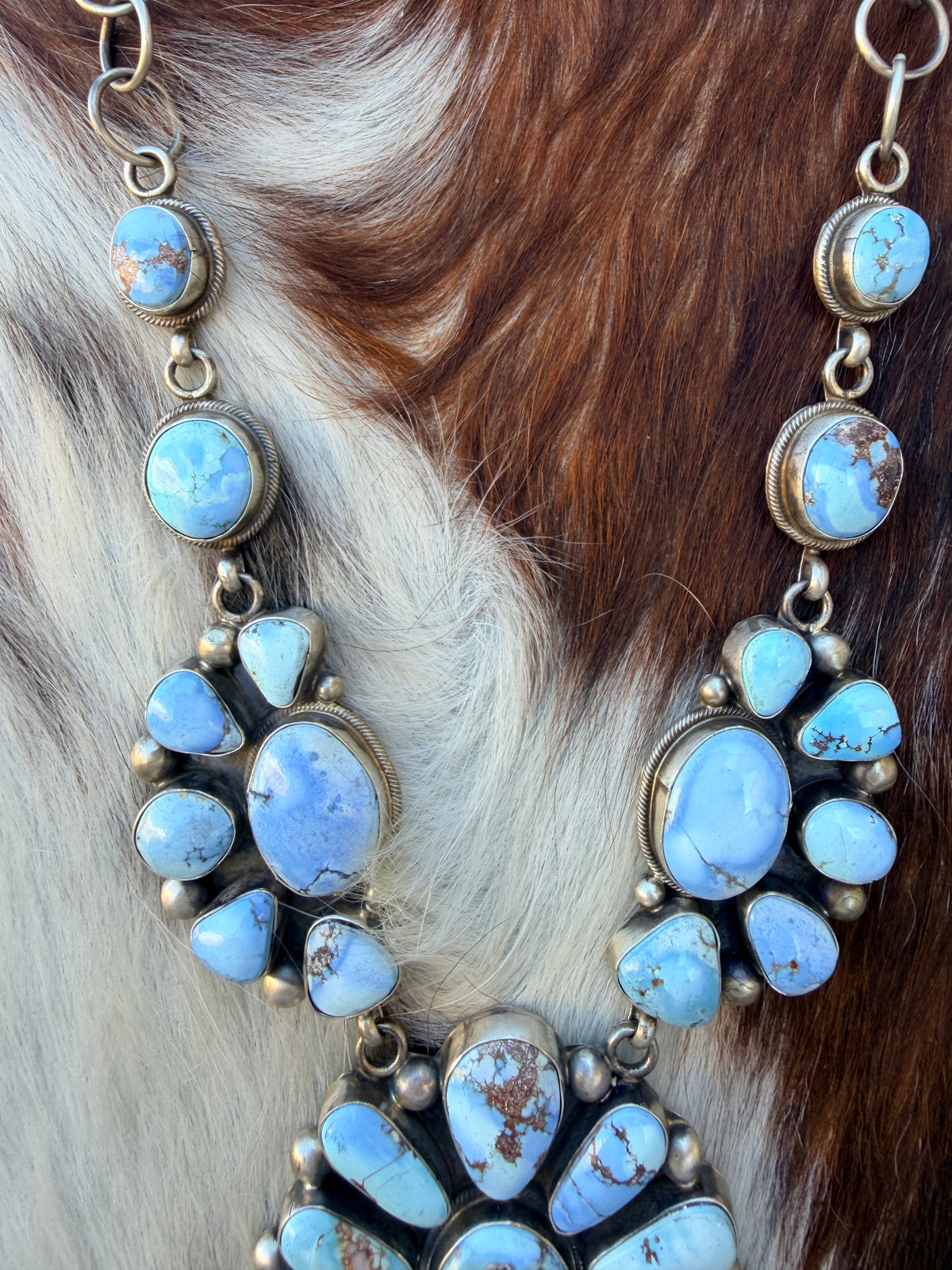 Handcrafted Golden Hills Turquoise & Sterling Silver Cluster Necklace and Earring Set by Kathleen Chavez