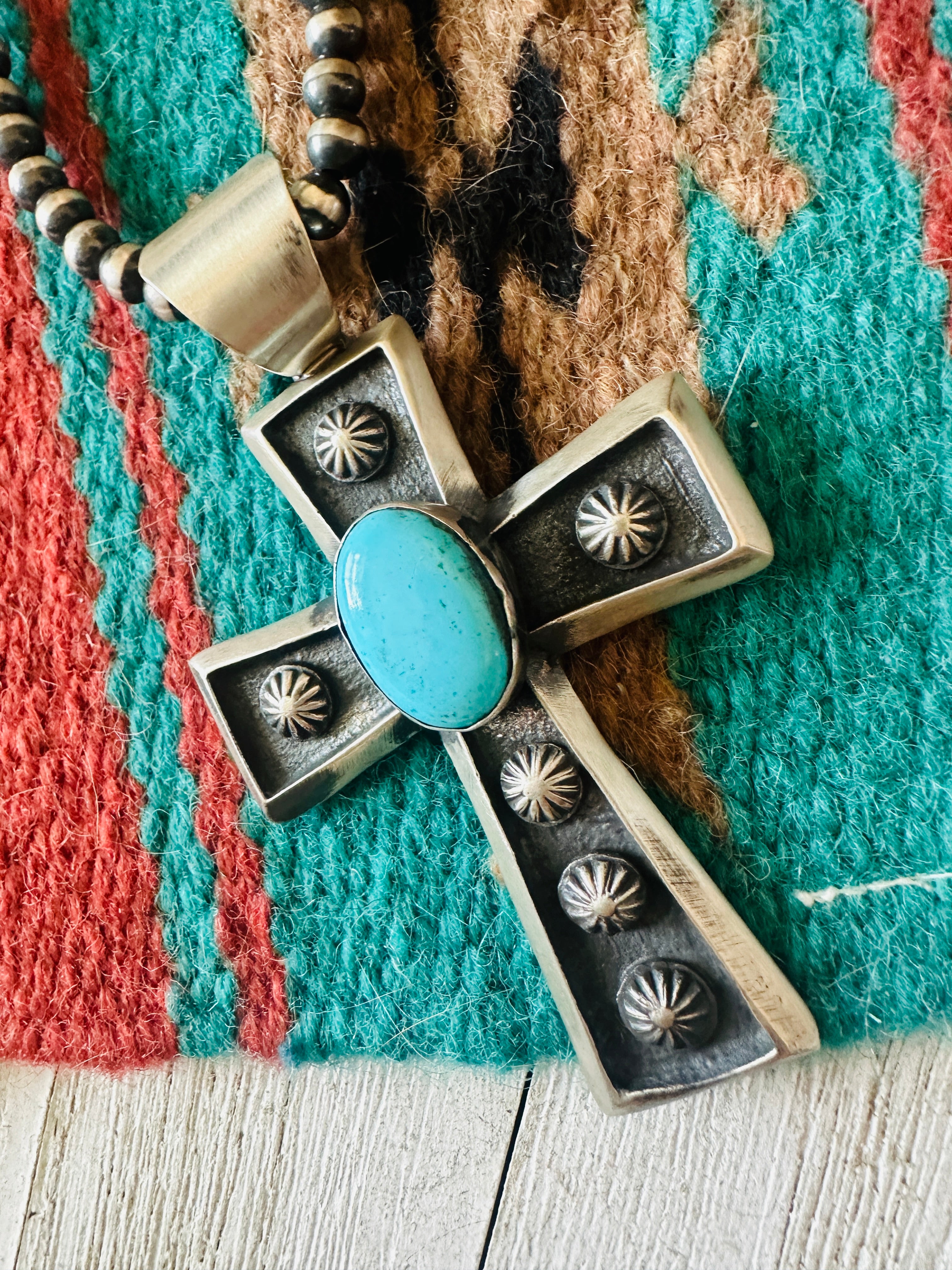 Navajo Sterling Silver & Turquoise Cross Pendant by Chimney Butte