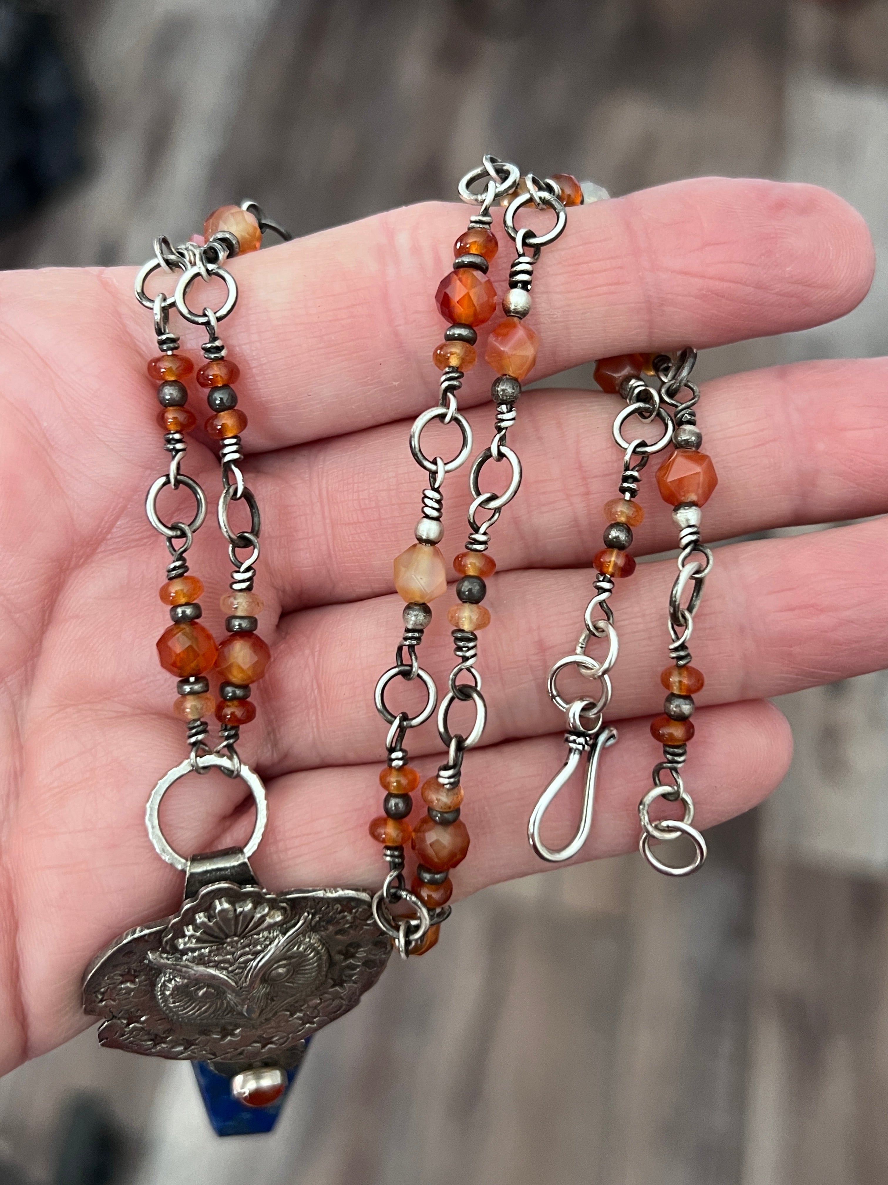 Tularosa Rosary Style Sterling Silver, Lapis Lazuli and Carnelian Ancient Owl Talisman Necklace