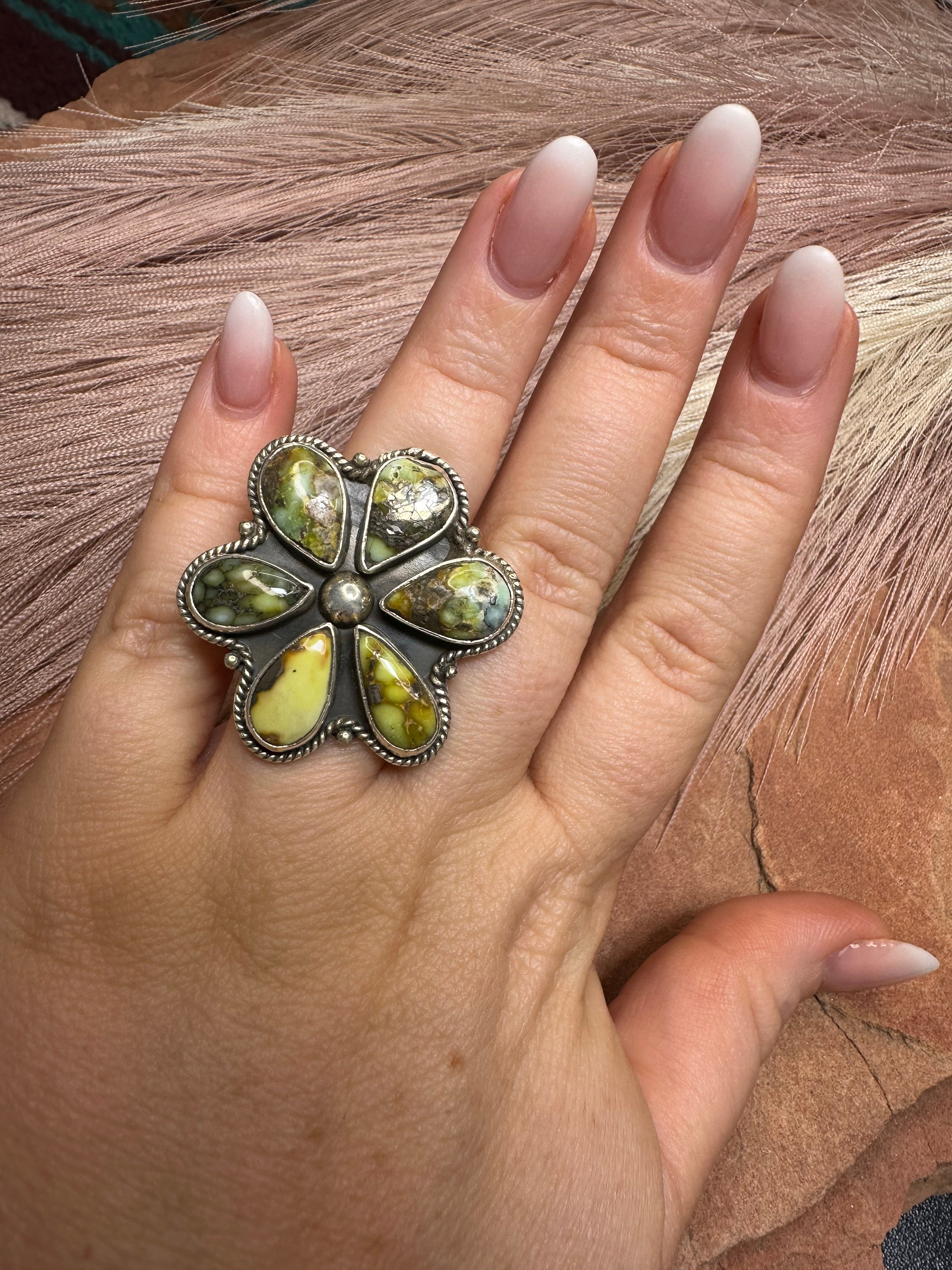 Beautiful Handmade Palomino Turquoise And Sterling Silver Adjustable Cluster Flower Ring