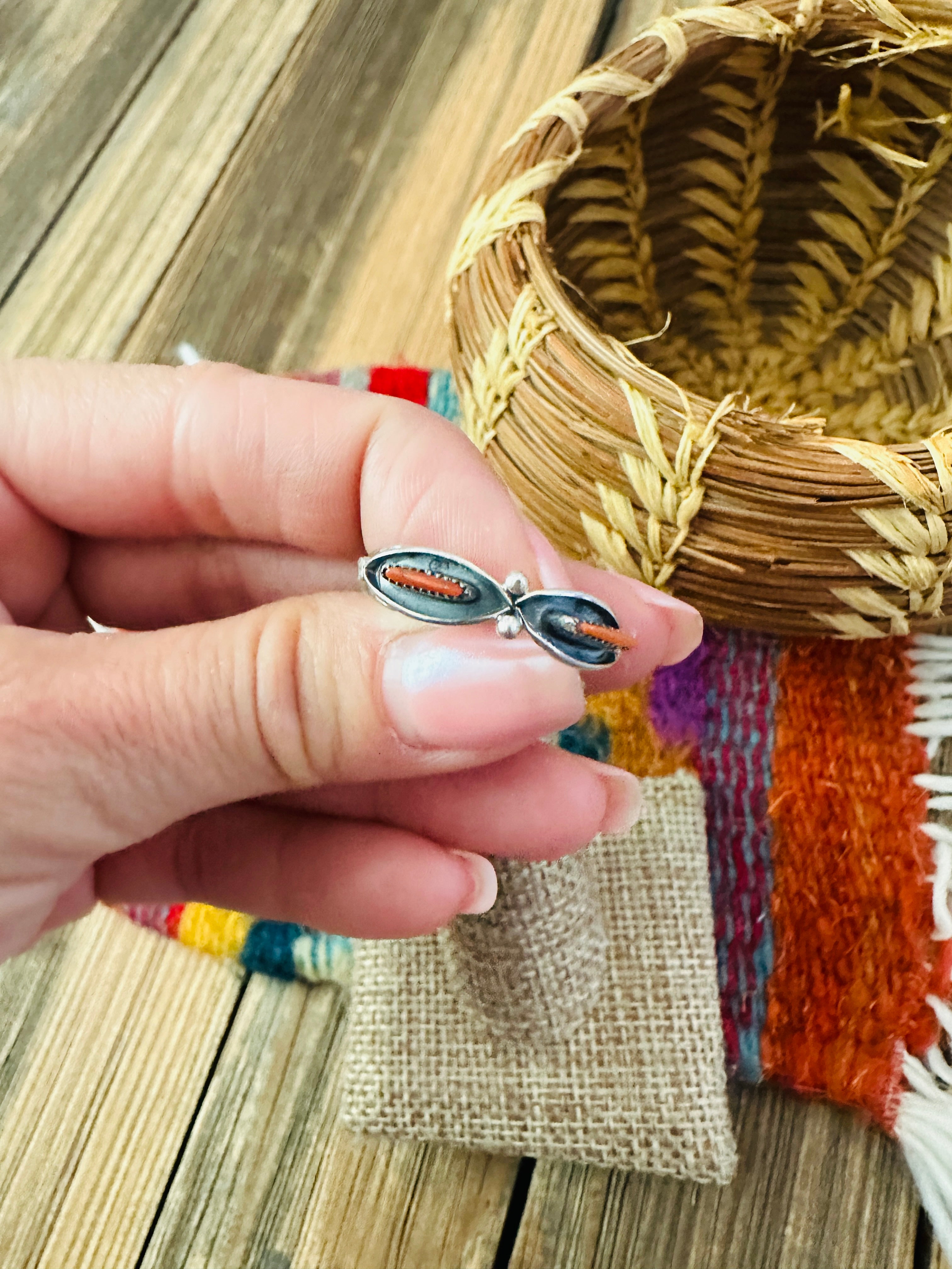 Handcrafted Coral & Sterling Silver Band Ring Size 7.5