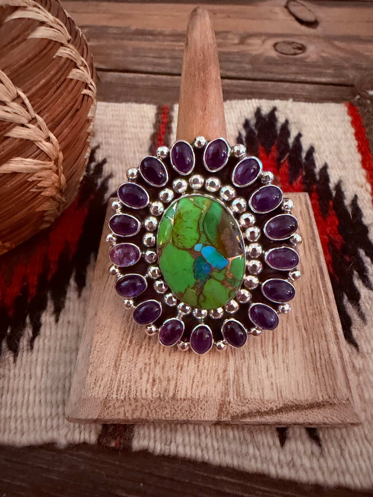 Handcrafted Mojave Turquoise, Amethyst & Sterling Silver Adjustable Cluster Ring